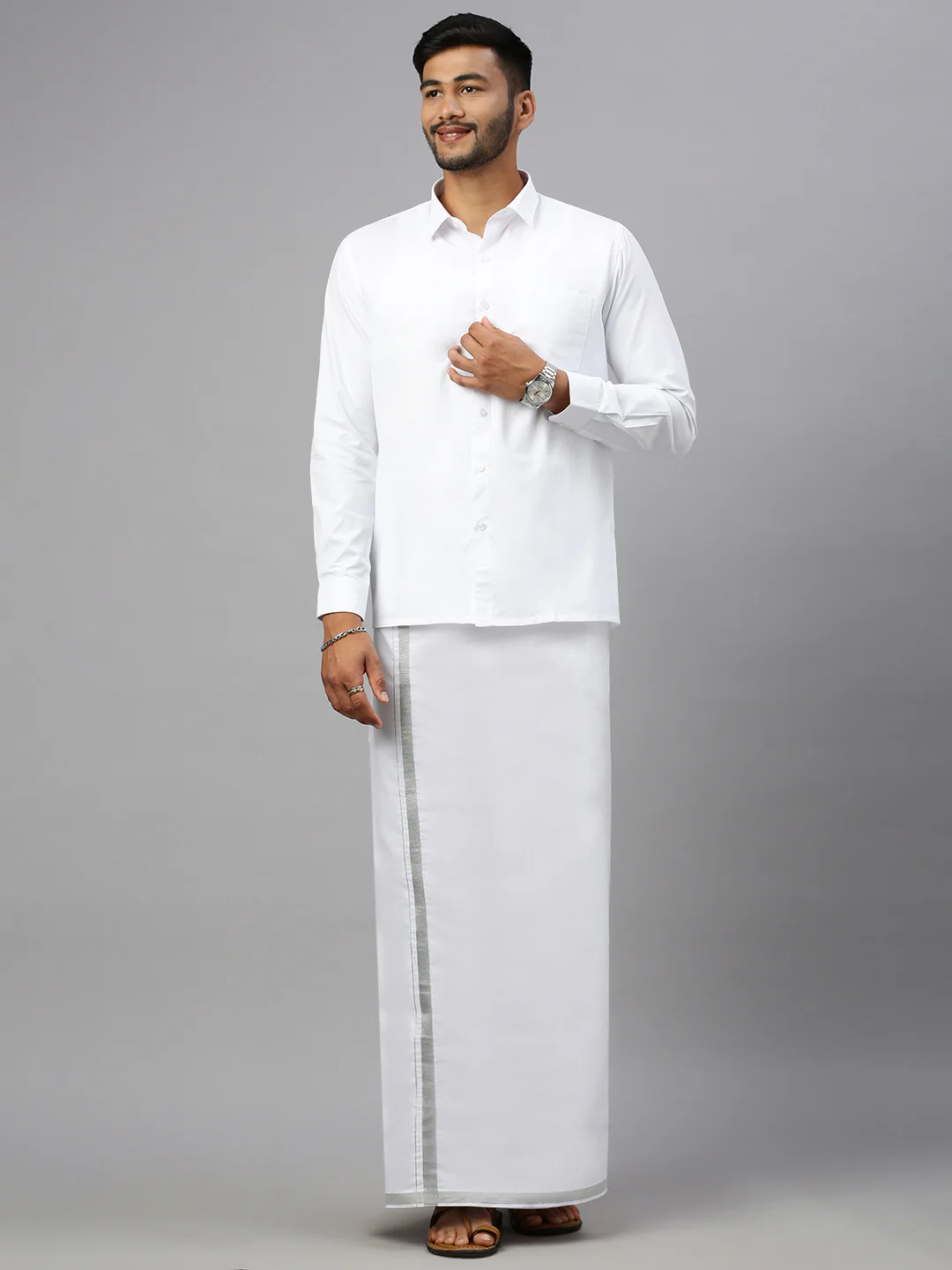 Men Cotton Blend Double Layer White Dhoti with 3/4"Silver Jari Border Ivory - Image 3