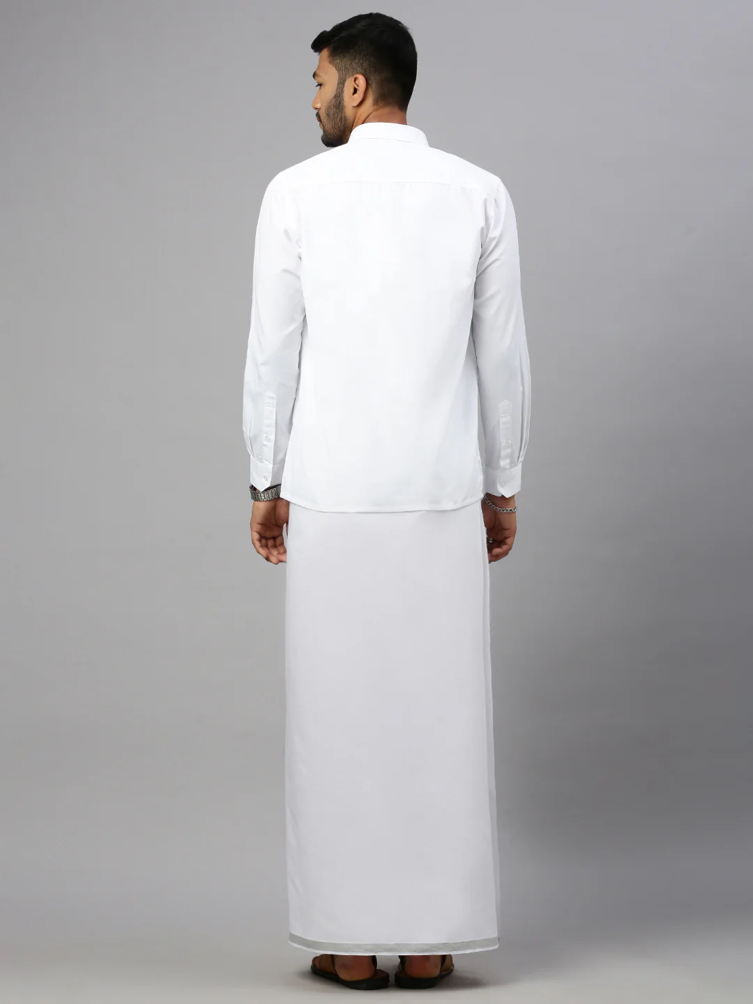 Men Cotton Blend Double Layer White Dhoti with 3/4"Silver Jari Border Ivory - Image 4