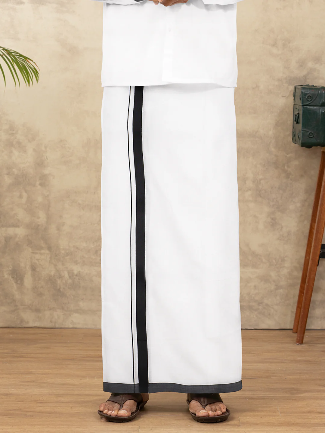 Men Cotton Blend Double Layer White Dhoti with Black Fancy Border Ricky Spl