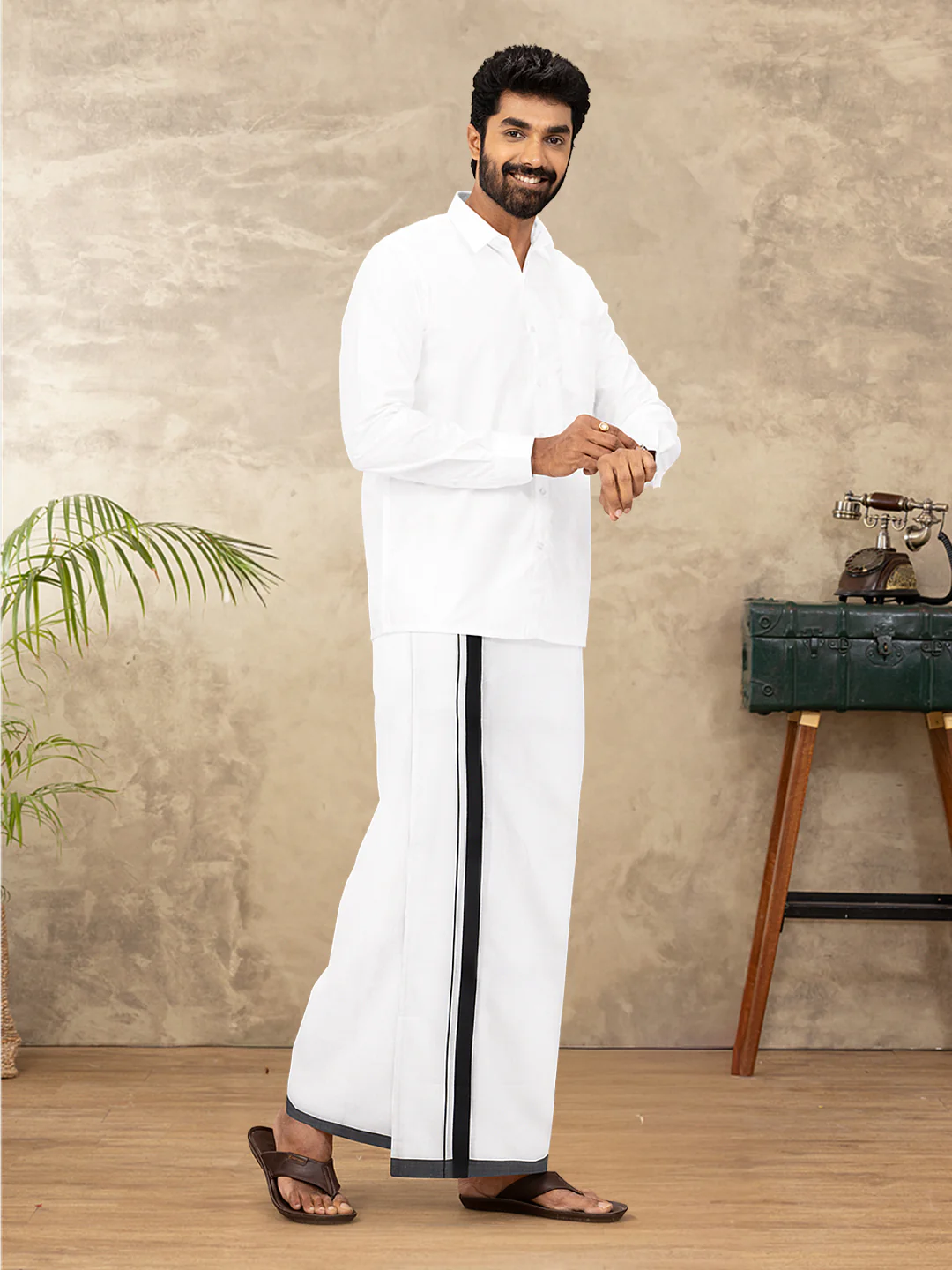 Men Cotton Blend Double Layer White Dhoti with Black Fancy Border Ricky Spl - Image 2