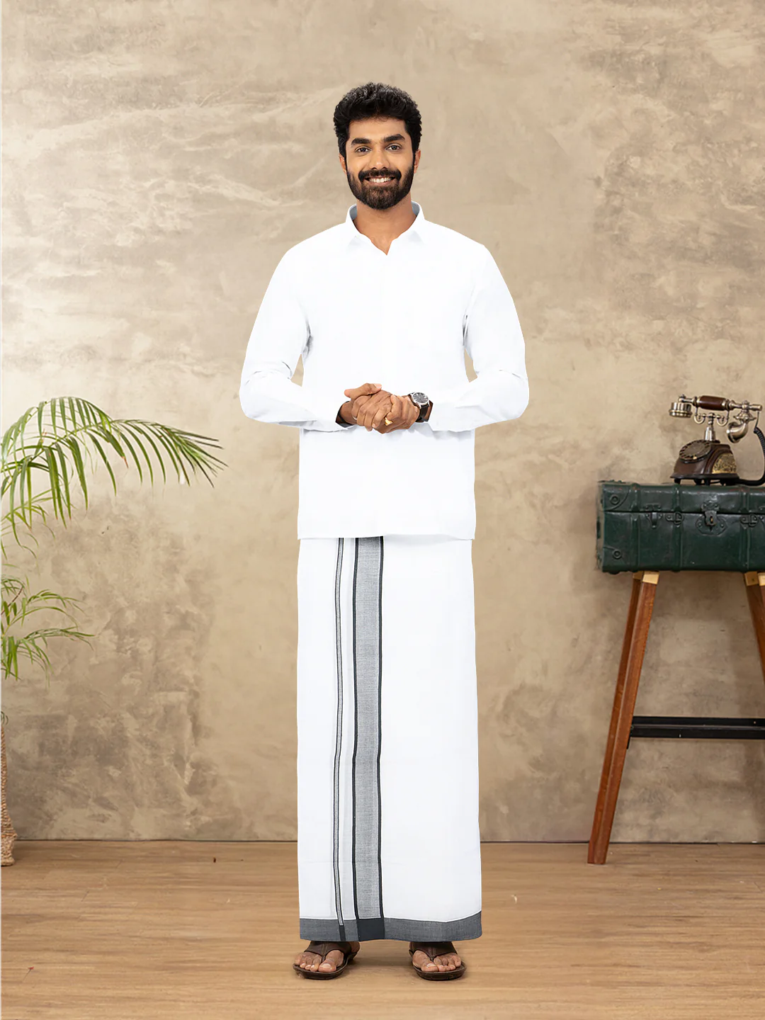 Men Cotton Blend Double Layer White Dhoti with Fancy Border Rivan Plain - Image 2