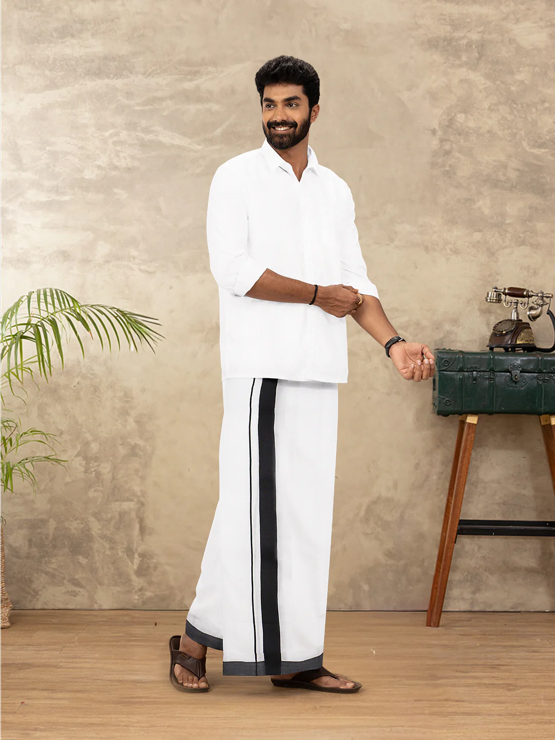 Men Cotton Blend Double Layer White Dhoti with Black Fancy Border Rivan Spl - Image 2