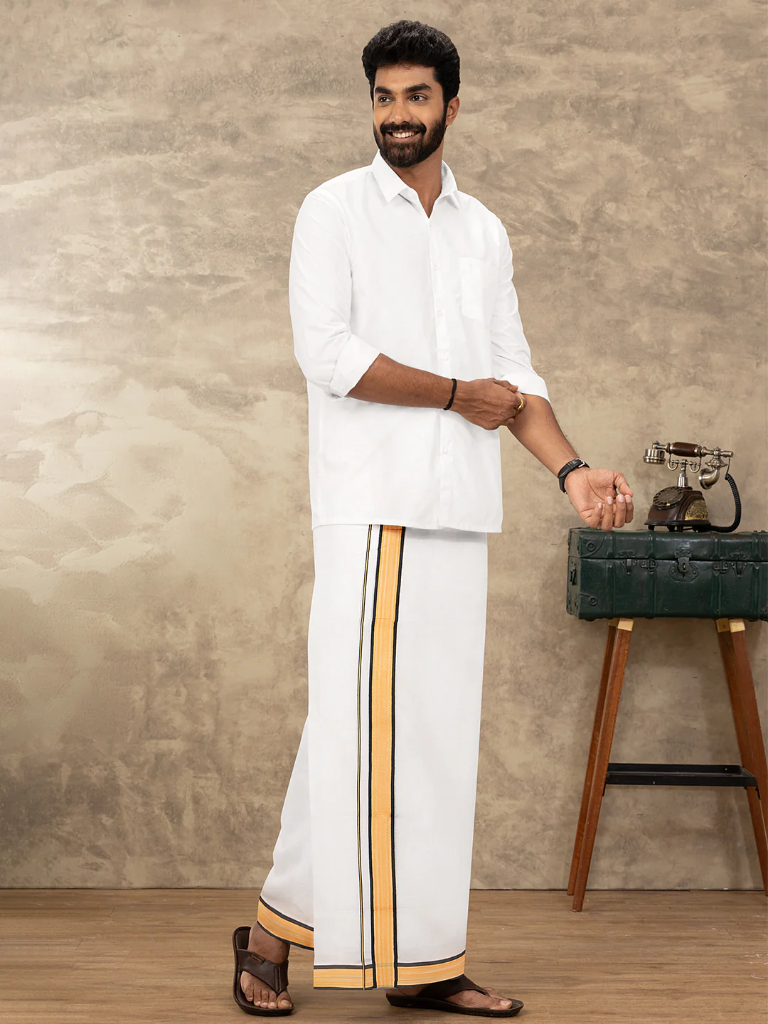 Men Cotton Blend Double Layer White Dhoti with Fancy Border Mountain Fancy MF01 - Image 5