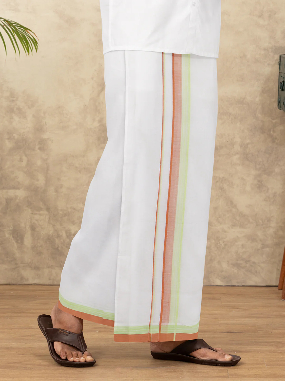 Men Cotton Blend Double Layer White Dhoti with Fancy Border Panchami Fancy PMF14 - Image 2