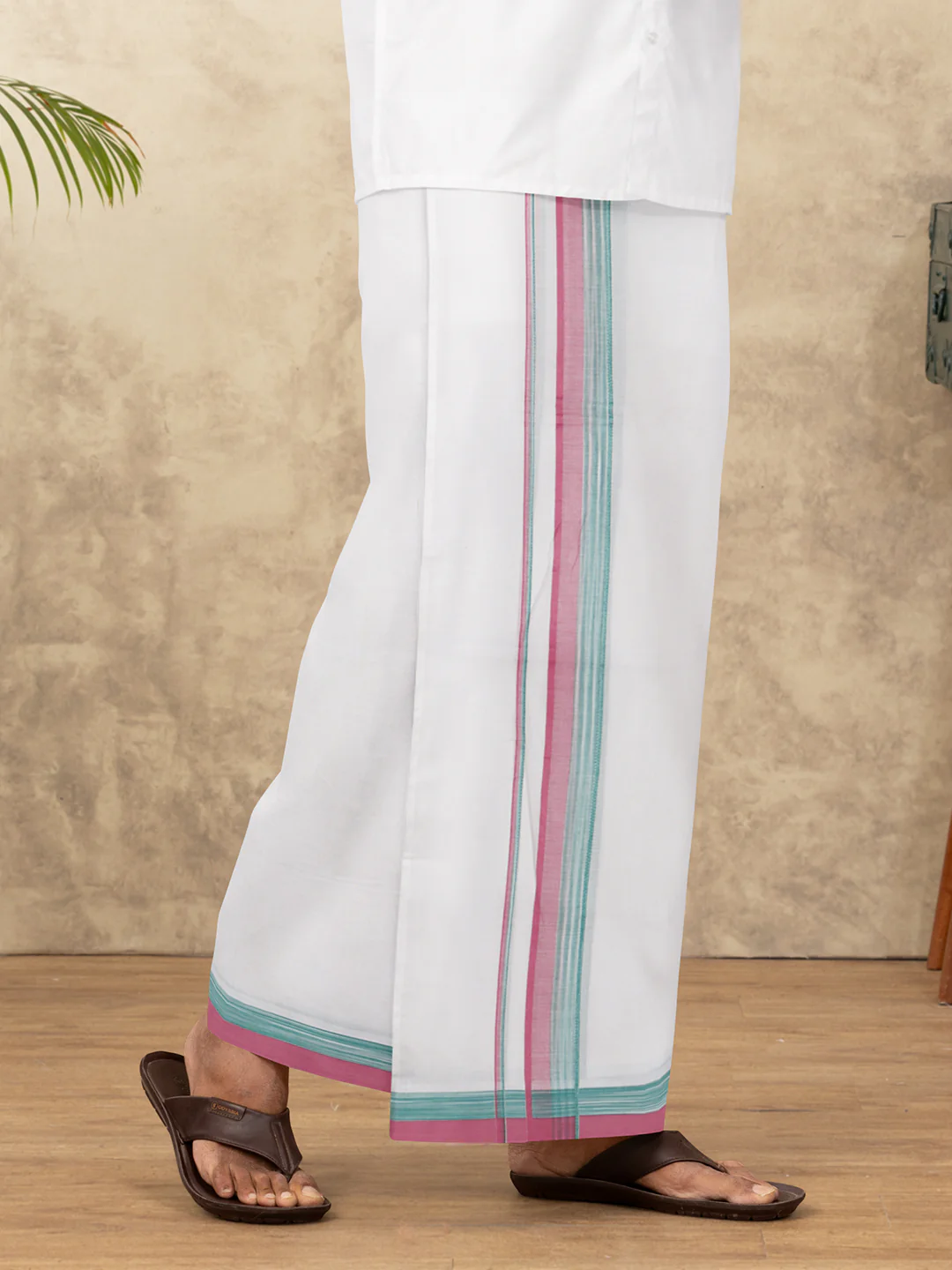 Men Cotton Blend Double Layer White Dhoti with Fancy Border Panchami Fancy PMF15 - Image 2