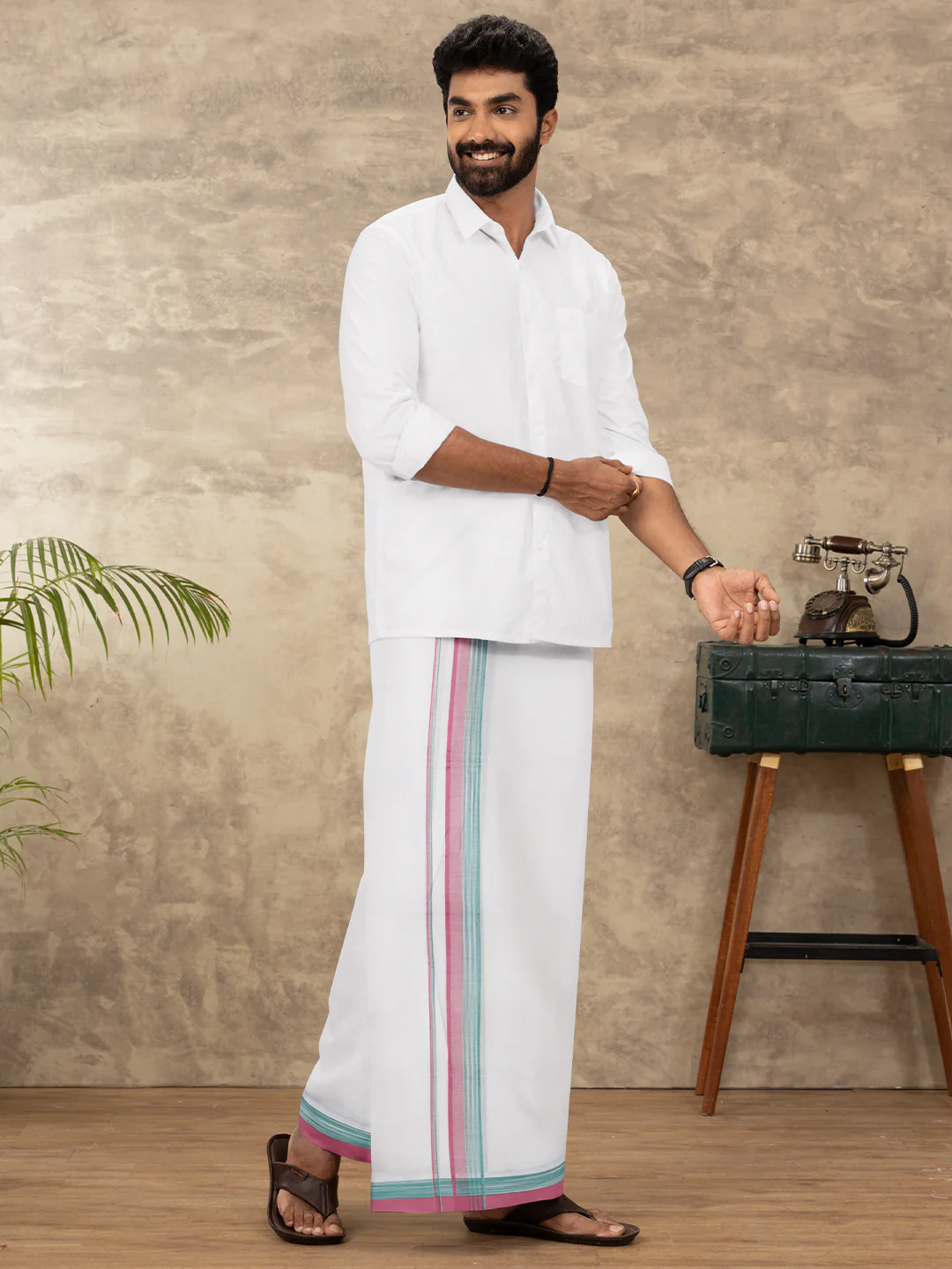 Men Cotton Blend Double Layer White Dhoti with Fancy Border Panchami Fancy PMF15 - Image 5