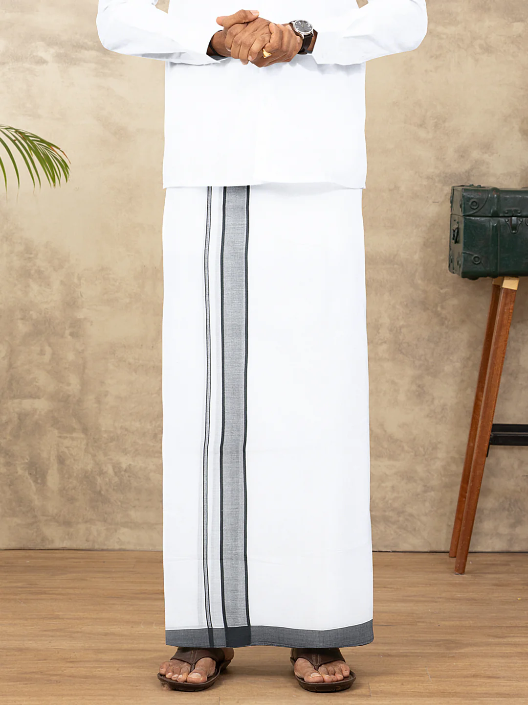Men Cotton Blend Double Layer White Dhoti with Fancy Border Ricky Plain