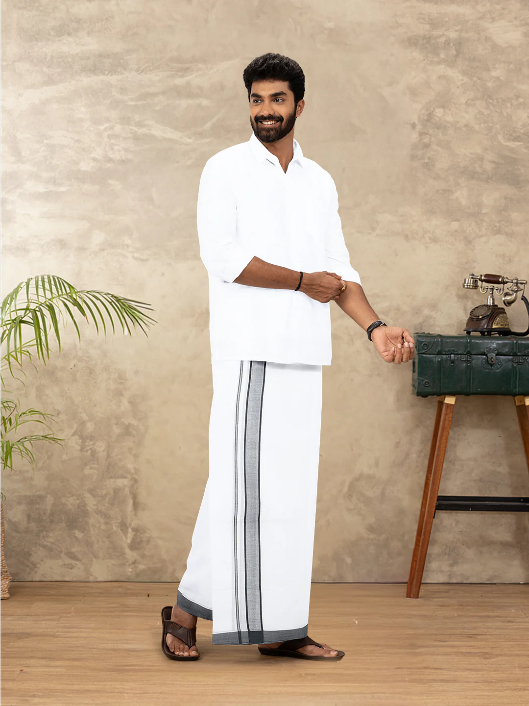 Men Cotton Blend Double Layer White Dhoti with Fancy Border Ricky Plain - Image 2