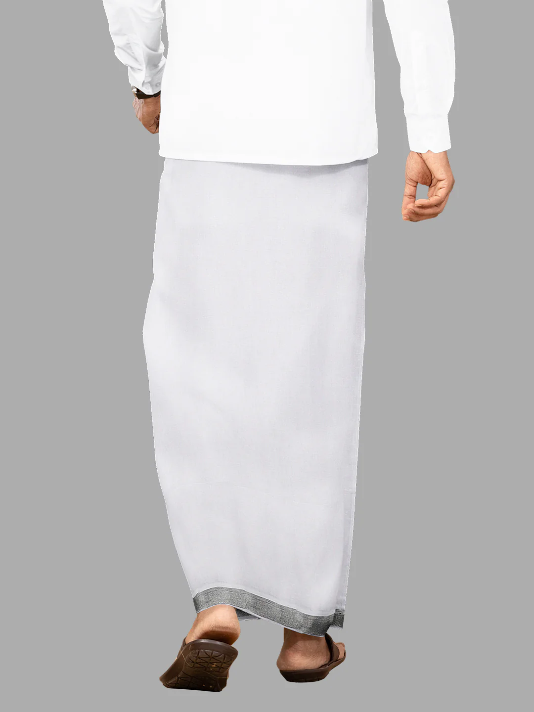 Men Cotton Blend Double Layer White Dhoti with Silver Jari Border - Image 4
