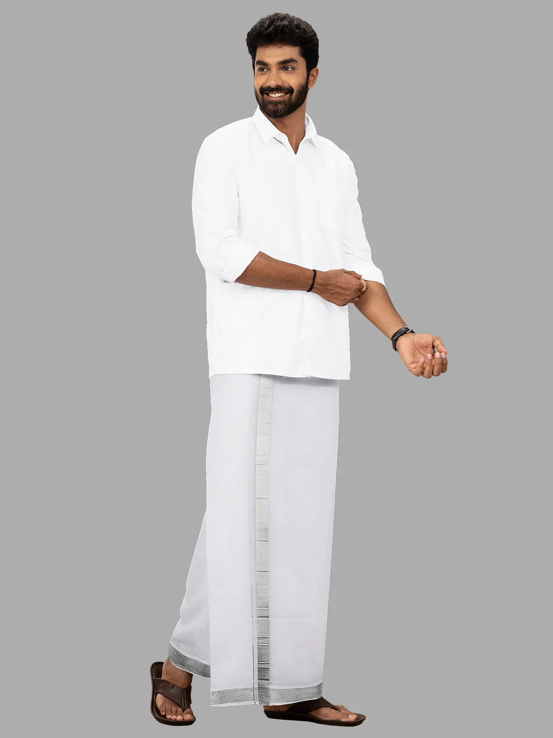 Men Cotton Blend Double Layer White Dhoti with Silver Jari Border - Image 5