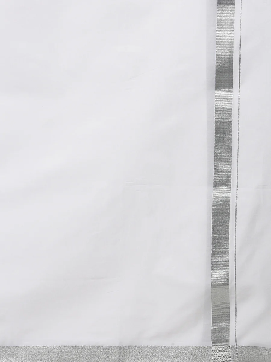 Men Cotton Blend Double Layer White Dhoti with Silver Jari Border - Image 6
