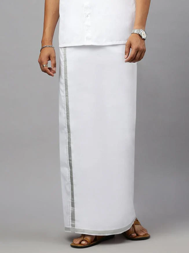 Men Cotton Blend Double Layer White Dhoti with Silver Jari Border Statesman