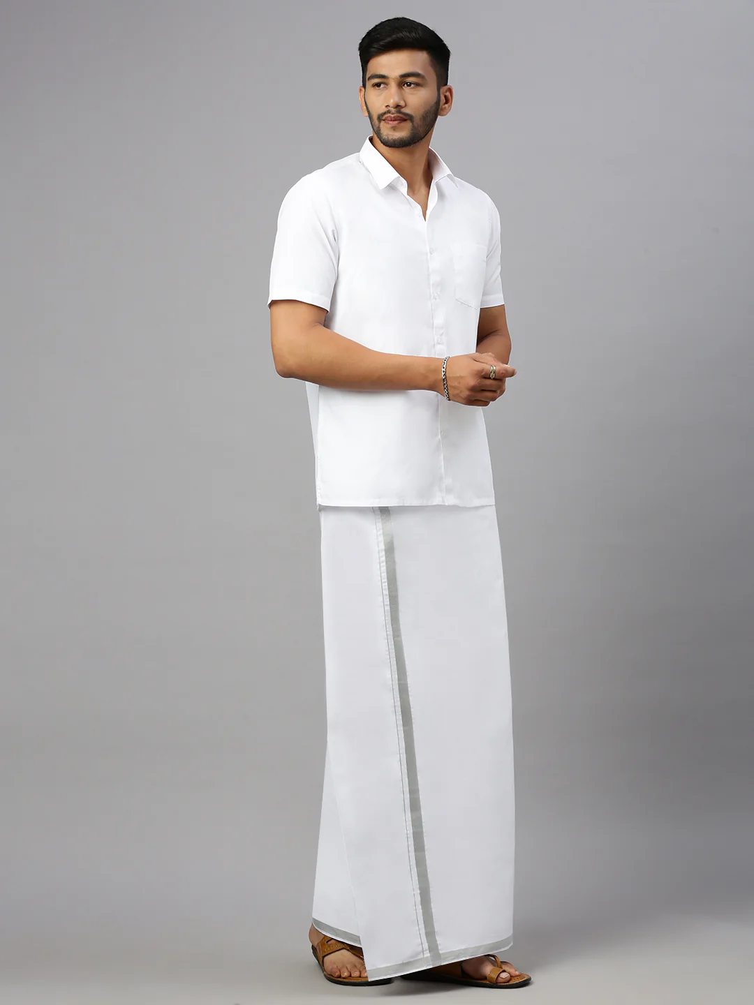 Men Cotton Blend Double Layer White Dhoti with Silver Jari Border Statesman - Image 2