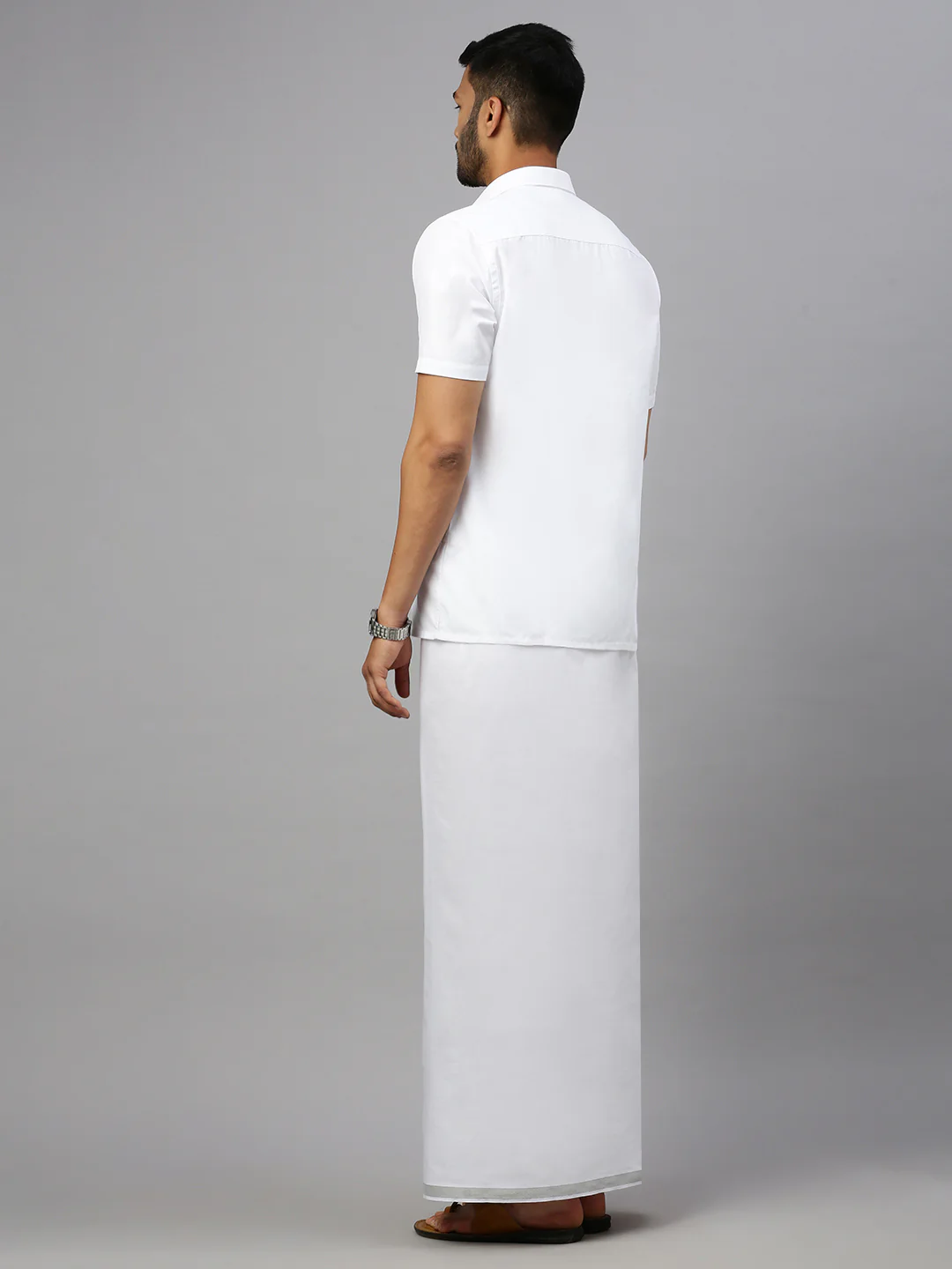 Men Cotton Blend Double Layer White Dhoti with Silver Jari Border Statesman - Image 3