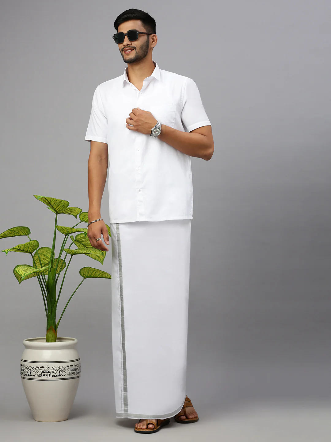 Men Cotton Blend Double Layer White Dhoti with Silver Jari Border Statesman - Image 4