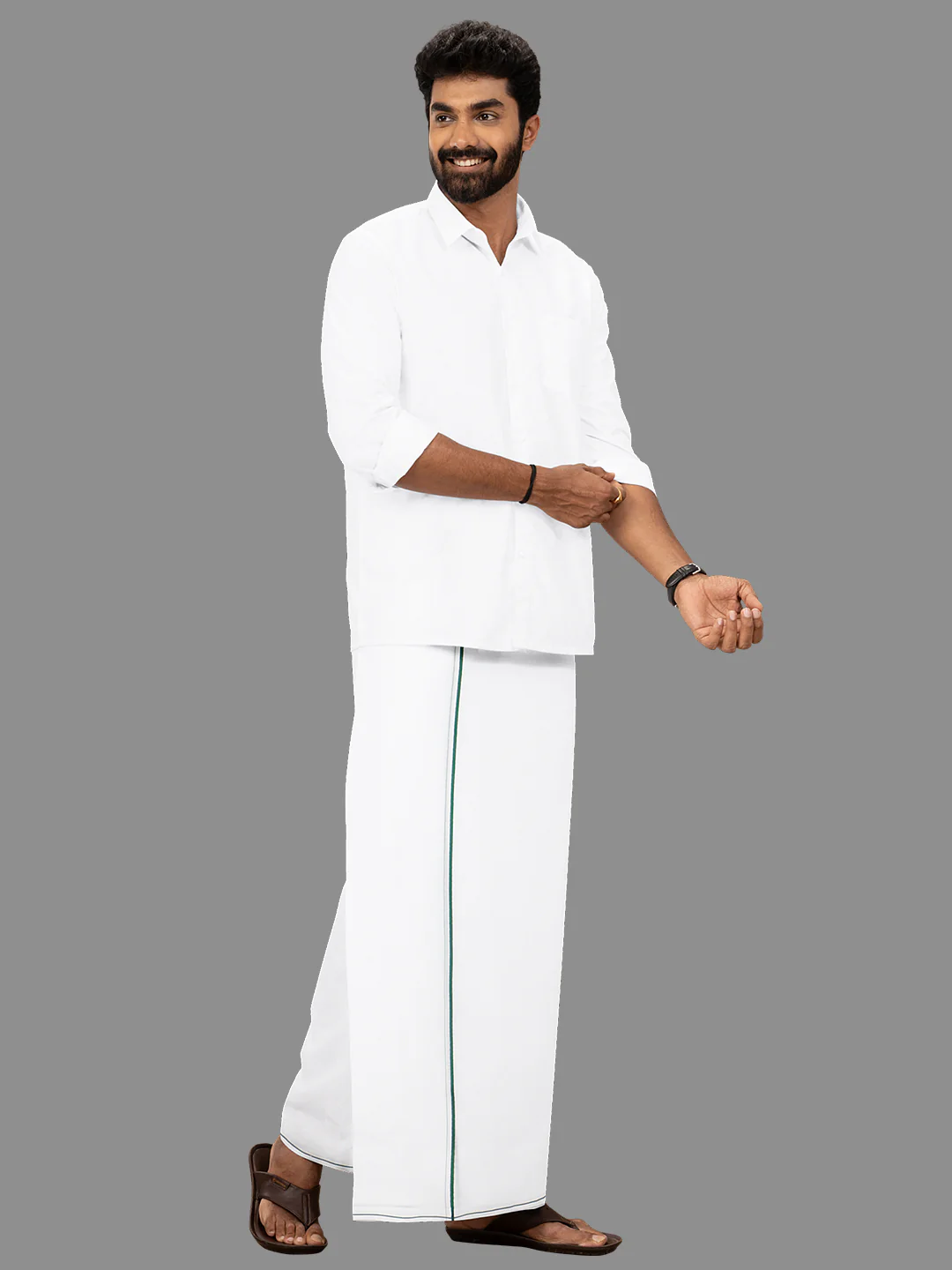 Men Cotton Blend Double Layer White Dhoti with Small Border Gold Win Spl - Image 2