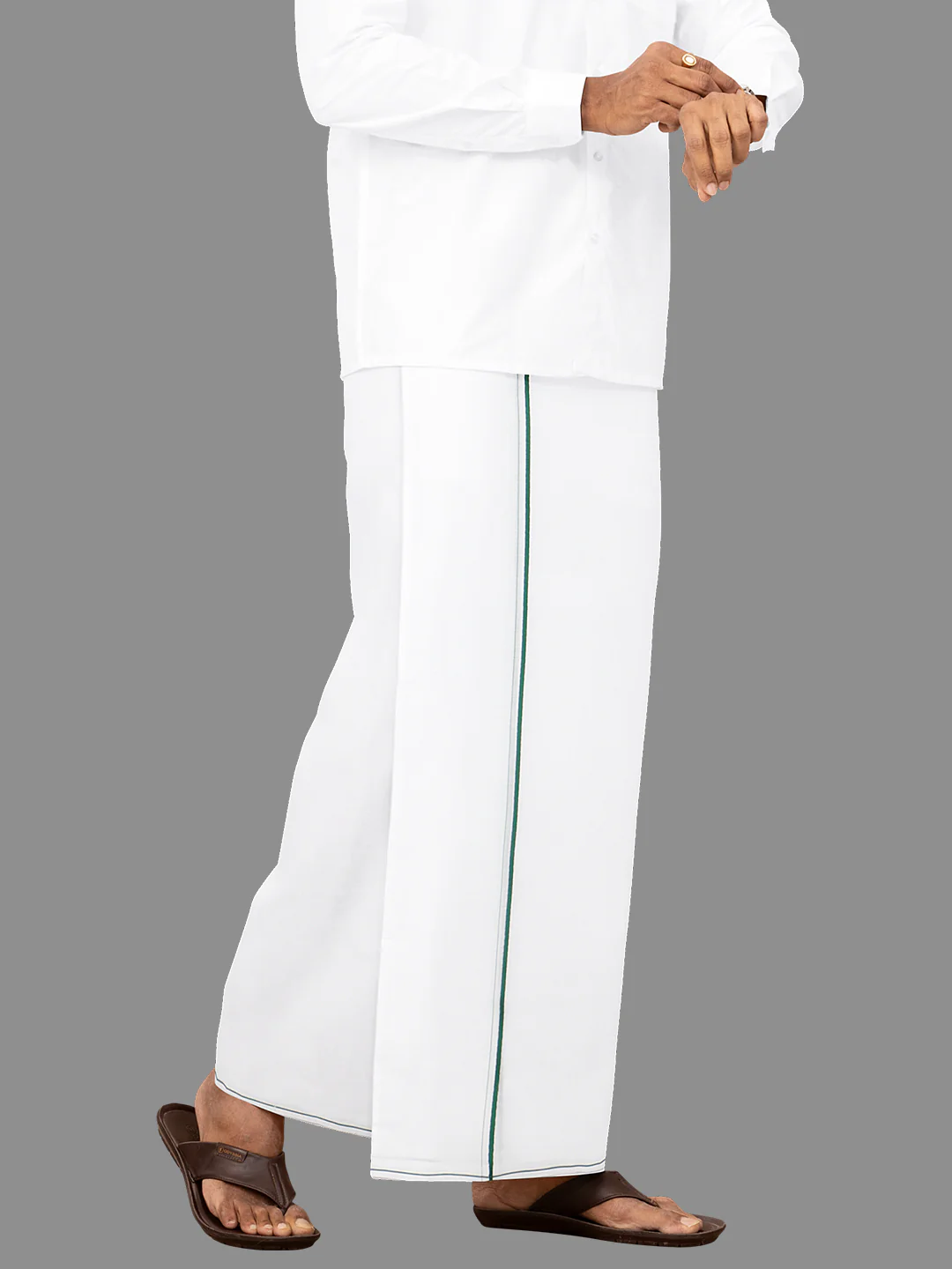 Men Cotton Blend Double Layer White Dhoti with Small Border Gold Win Spl - Image 3