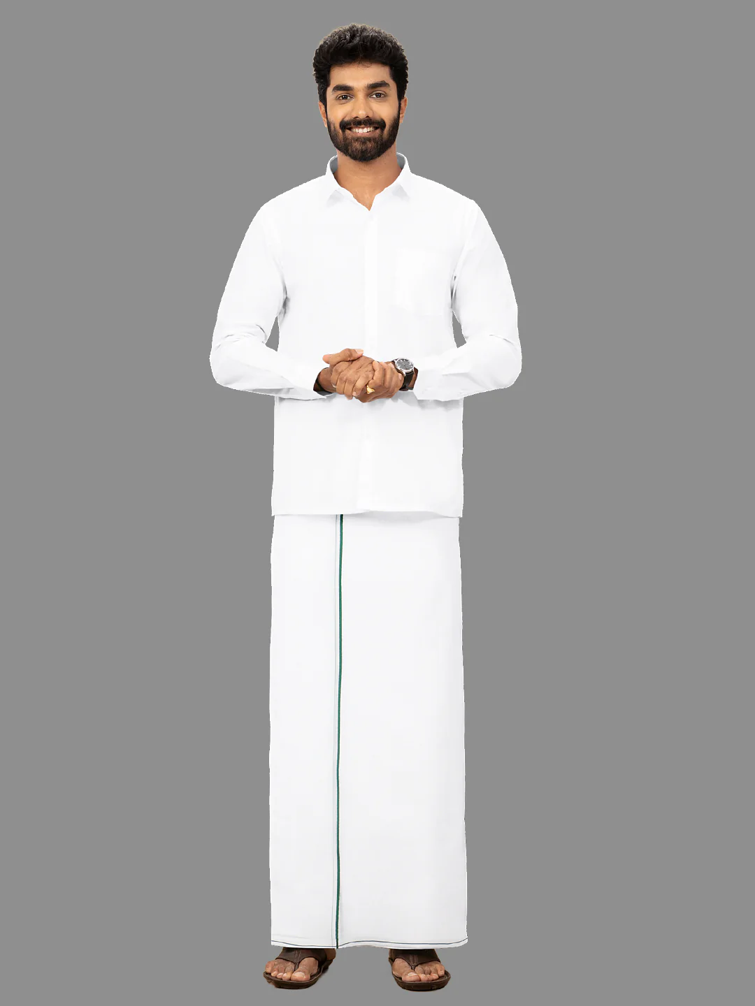 Men Cotton Blend Double Layer White Dhoti with Small Border Gold Win Spl - Image 4