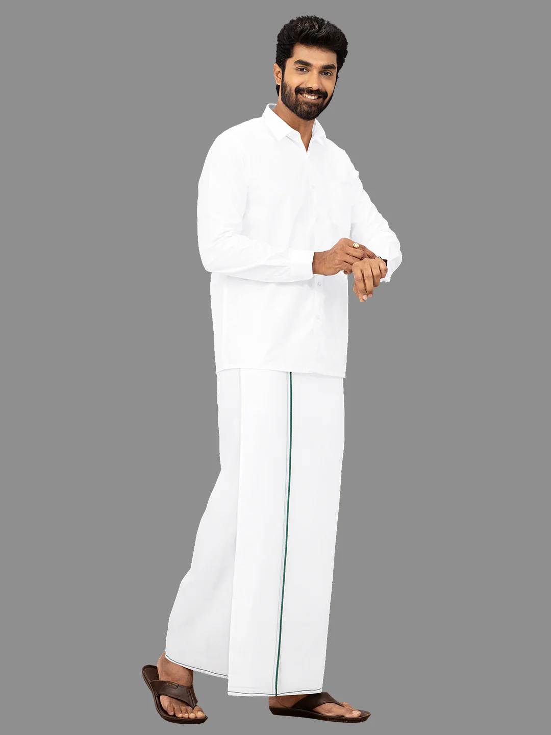 Men Cotton Blend Double Layer White Dhoti with Small Border Gold Win Spl - Image 6