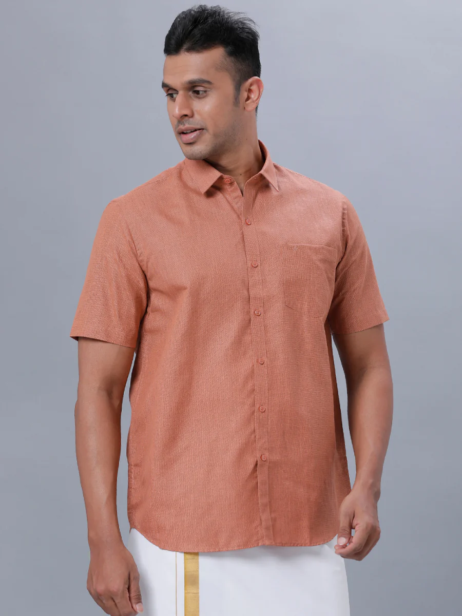 Men Cotton Blend Half Sleeves Shirt Brown T1 GC18 - Image 2