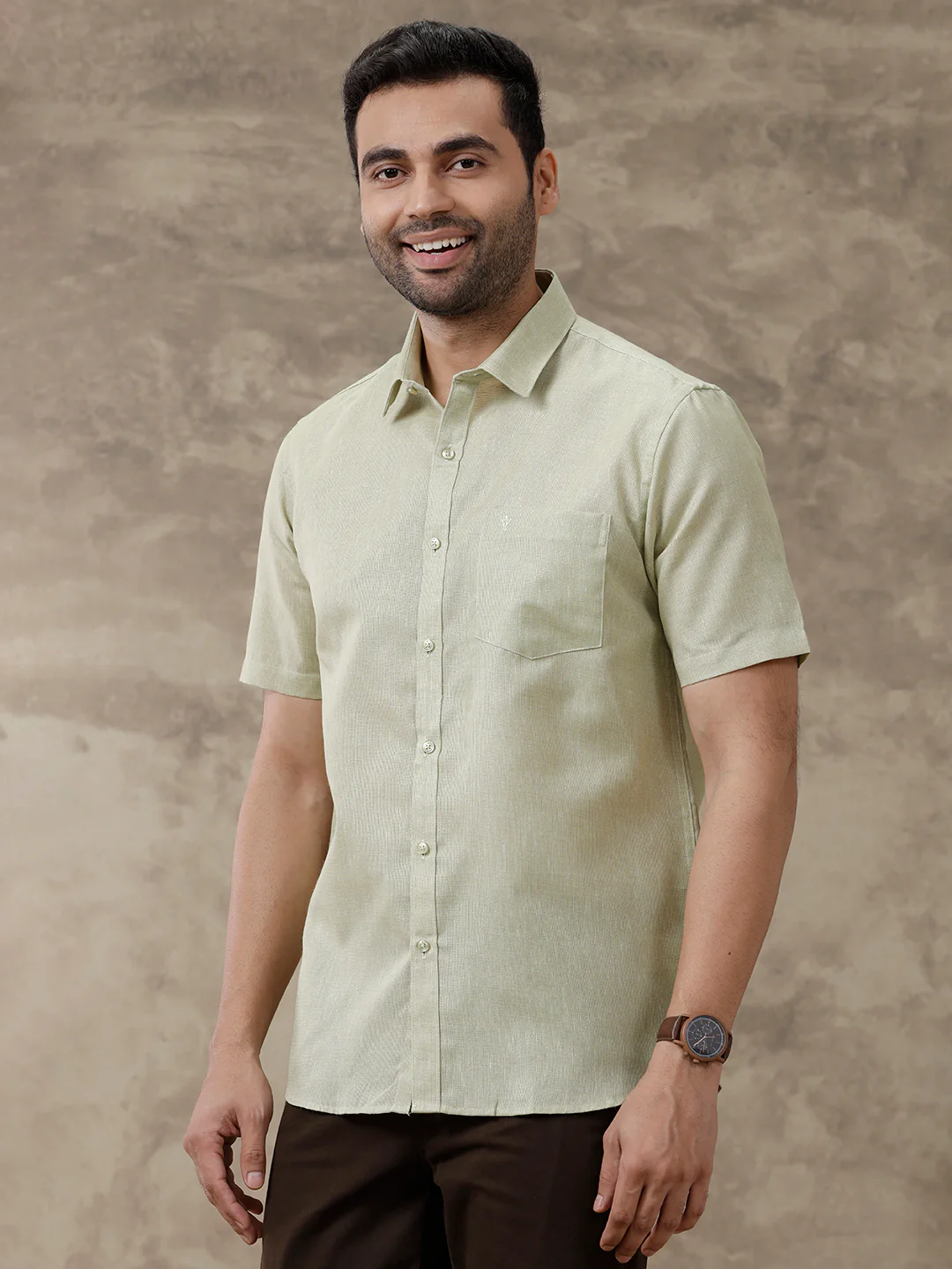 Men Cotton Blend Half Sleeves Shirt Olive Green CV16 - Image 2