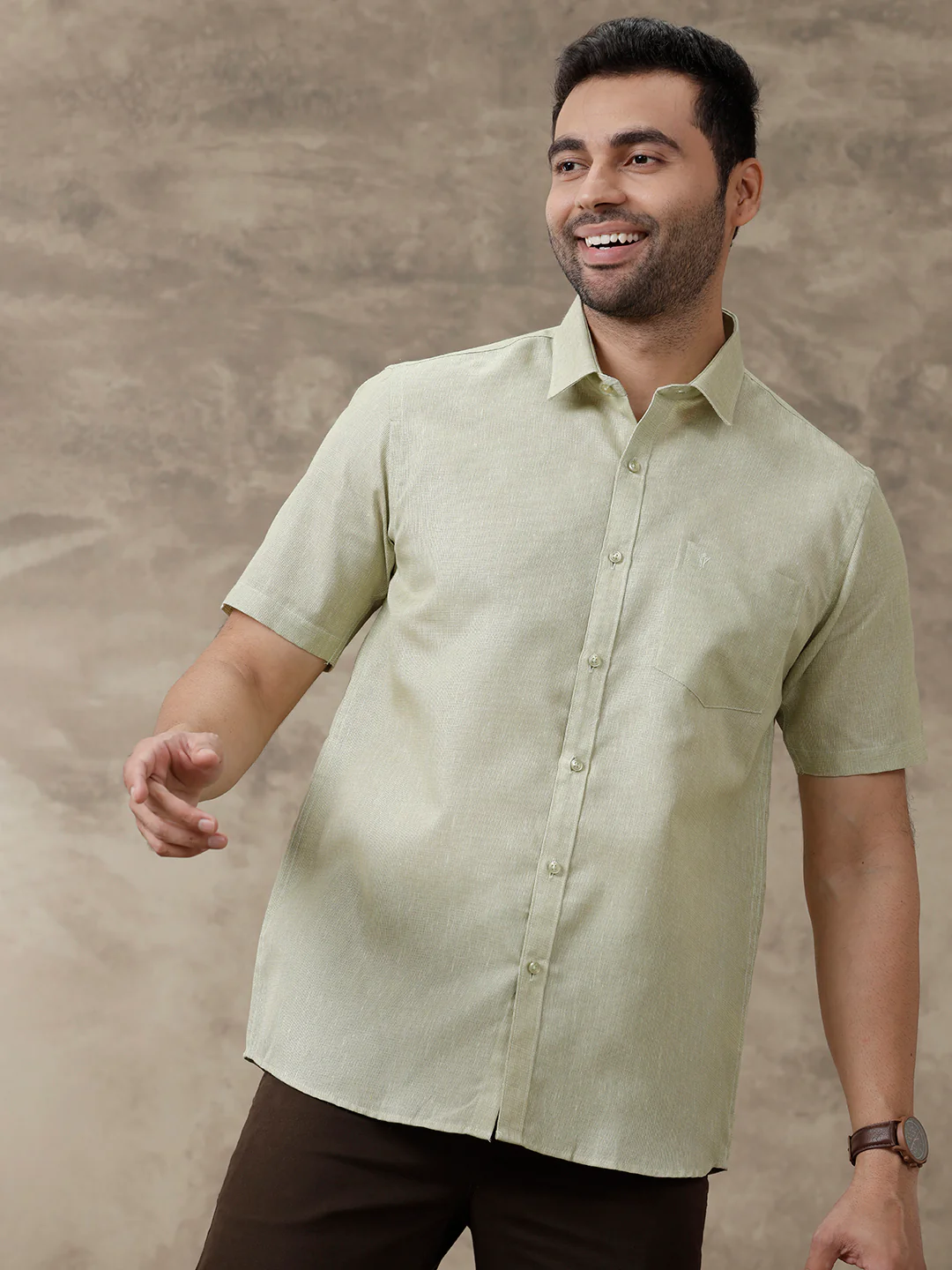 Men Cotton Blend Half Sleeves Shirt Olive Green CV16 - Image 5