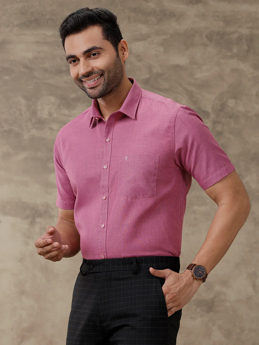 Men Cotton Blend Half Sleeves Shirt Pink T1 GC16 - Image 5