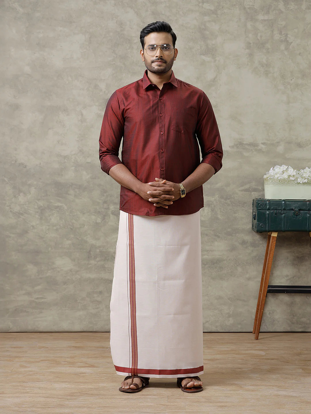 Men Cotton Blend Maroon Shirt and Tissue Dhoti Set VB7