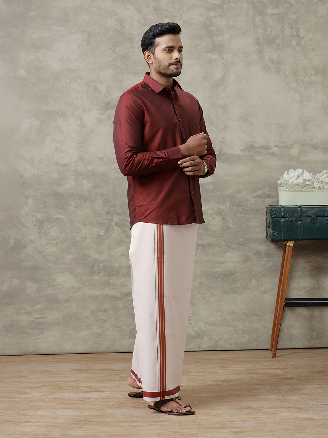 Men Cotton Blend Maroon Shirt and Tissue Dhoti Set VB7 - Image 2