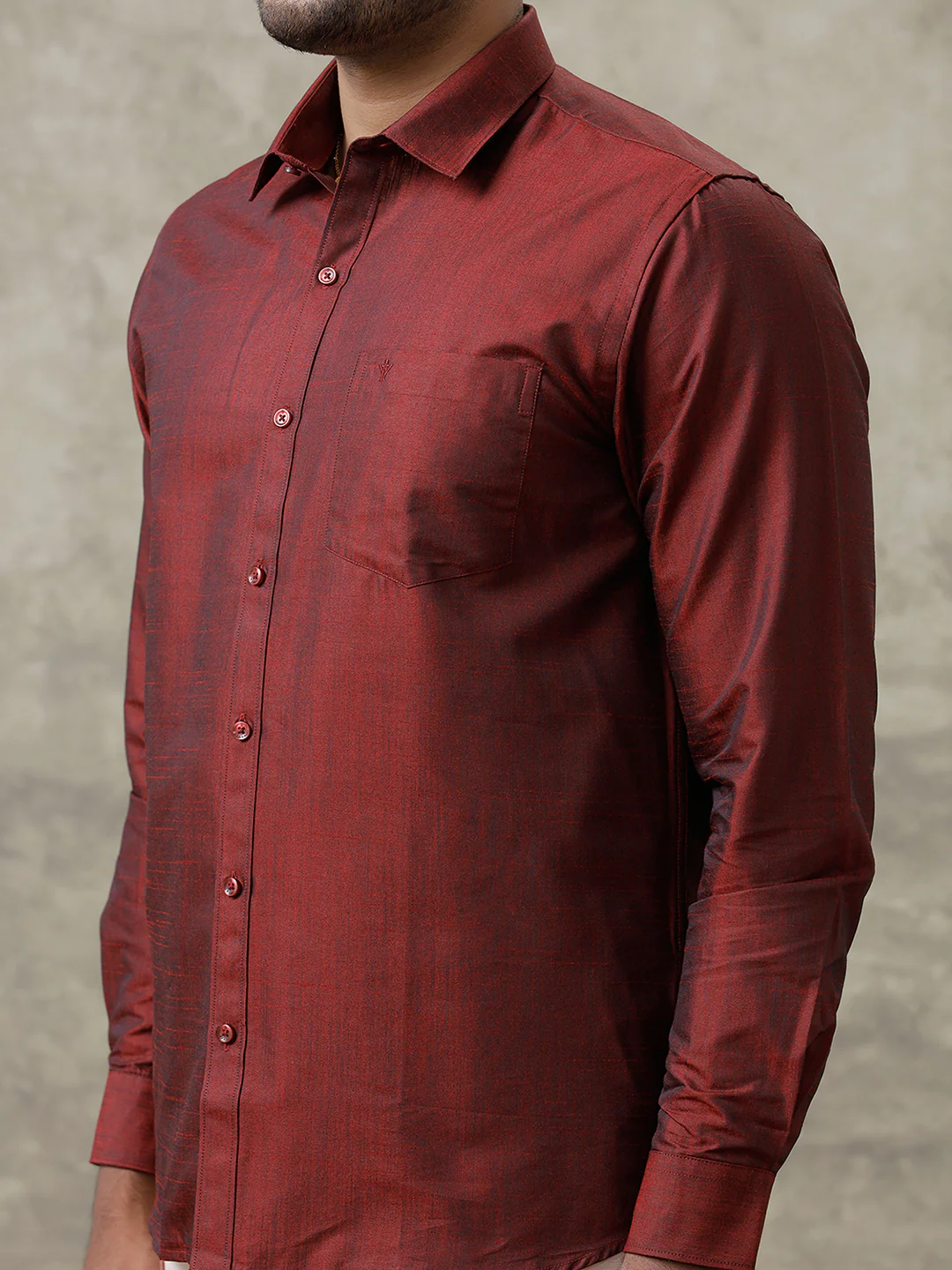Men Cotton Blend Maroon Shirt and Tissue Dhoti Set VB7 - Image 3