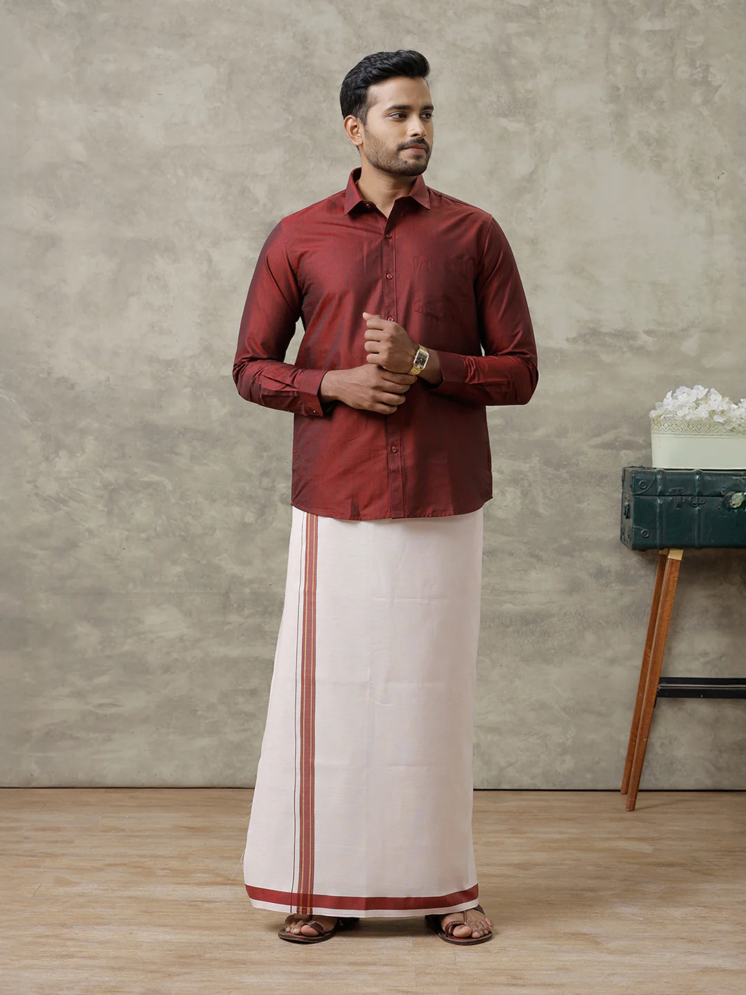 Men Cotton Blend Maroon Shirt and Tissue Dhoti Set VB7 - Image 5