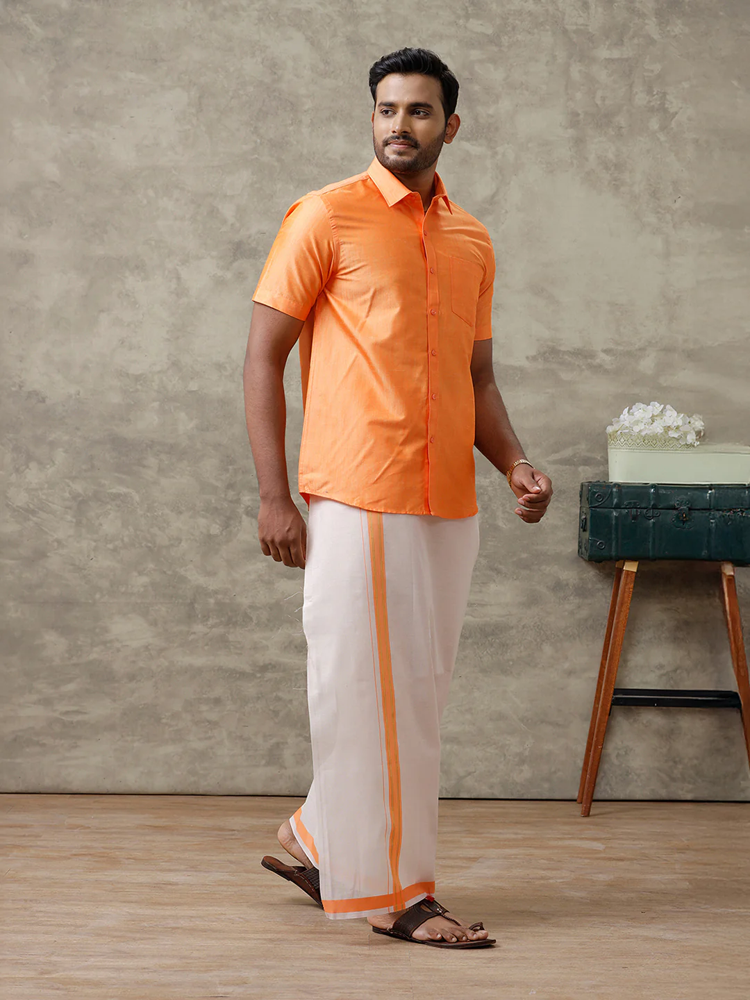 Men Cotton Blend Orange Shirt and Tissue Dhoti Set VB4 - Image 2