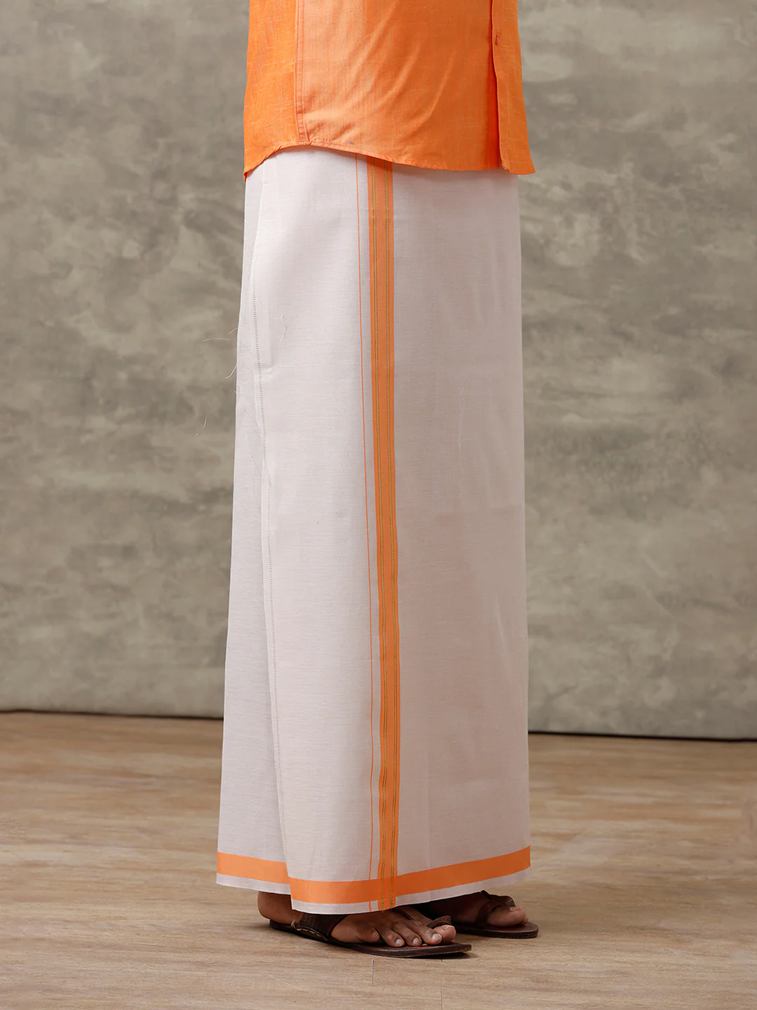 Men Cotton Blend Orange Shirt and Tissue Dhoti Set VB4 - Image 3