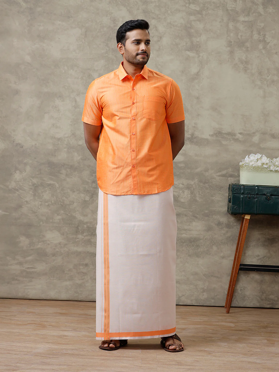 Men Cotton Blend Orange Shirt and Tissue Dhoti Set VB4 - Image 4