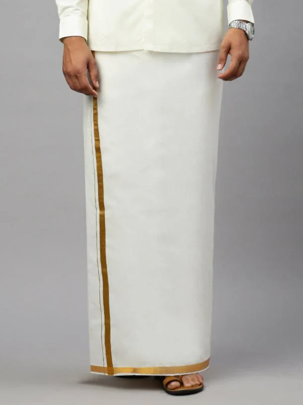 Men Cotton Blend Readymade Double Layer Cream Dhoti with 3/4" Gold Jari Border C498 - Image 4