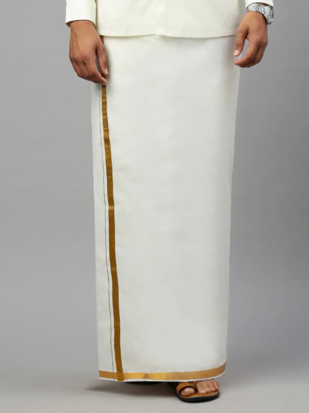 Men Cotton Blend Readymade Double Layer Cream Dhoti with 3/4" Gold Jari Border C498