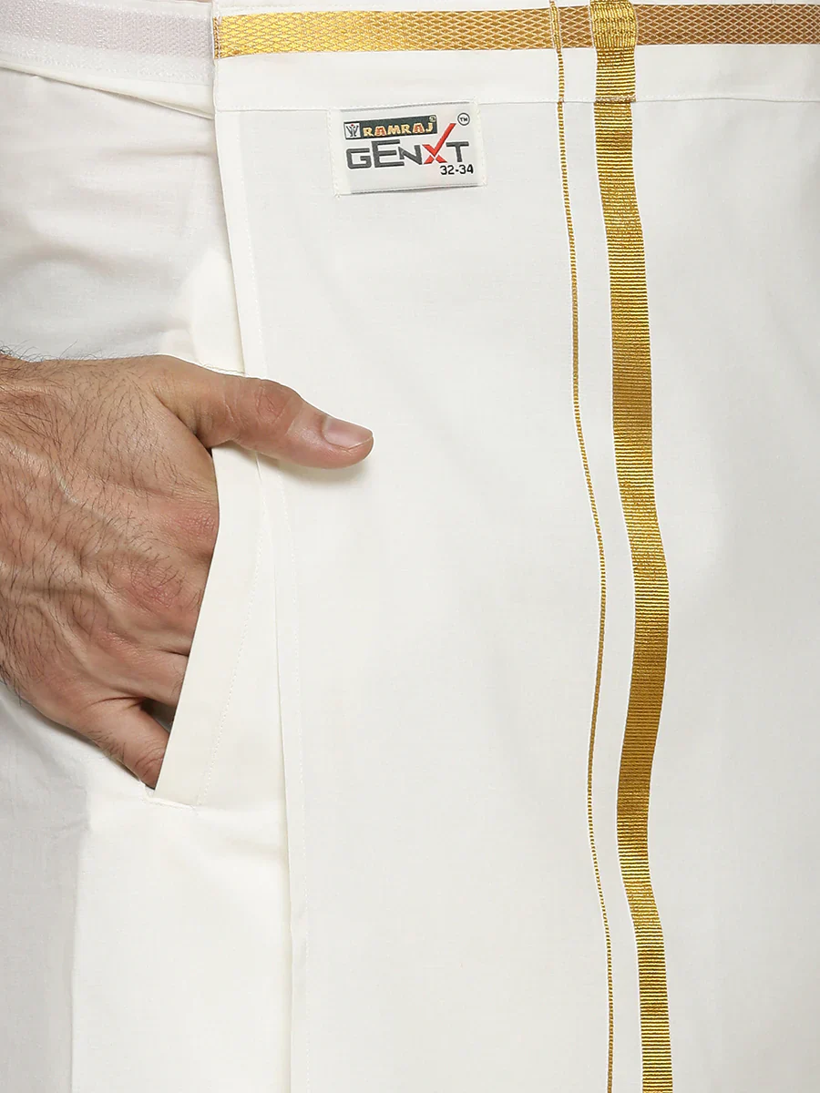 Men Cotton Blend Readymade Double Layer Cream Dhoti with Gold Jari Border C428 - Image 2