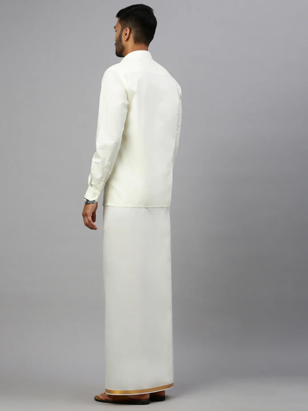 Men Cotton Blend Readymade Double Layer Cream Dhoti with Jari Border Gold Light - Image 4