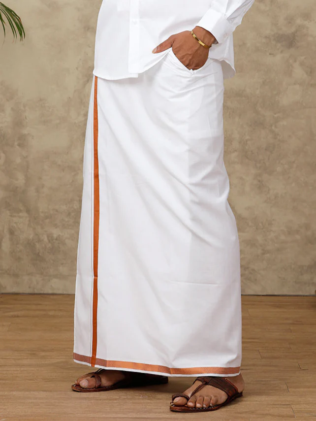 Men Cotton Blend Readymade Double Layer White Dhoti with 3/4" Copper Jari Border 248
