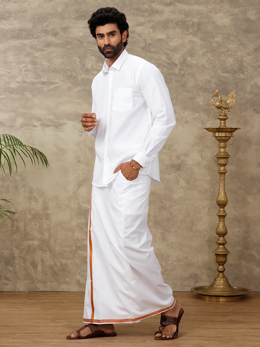 Men Cotton Blend Readymade Double Layer White Dhoti with 3/4" Copper Jari Border 248 - Image 2