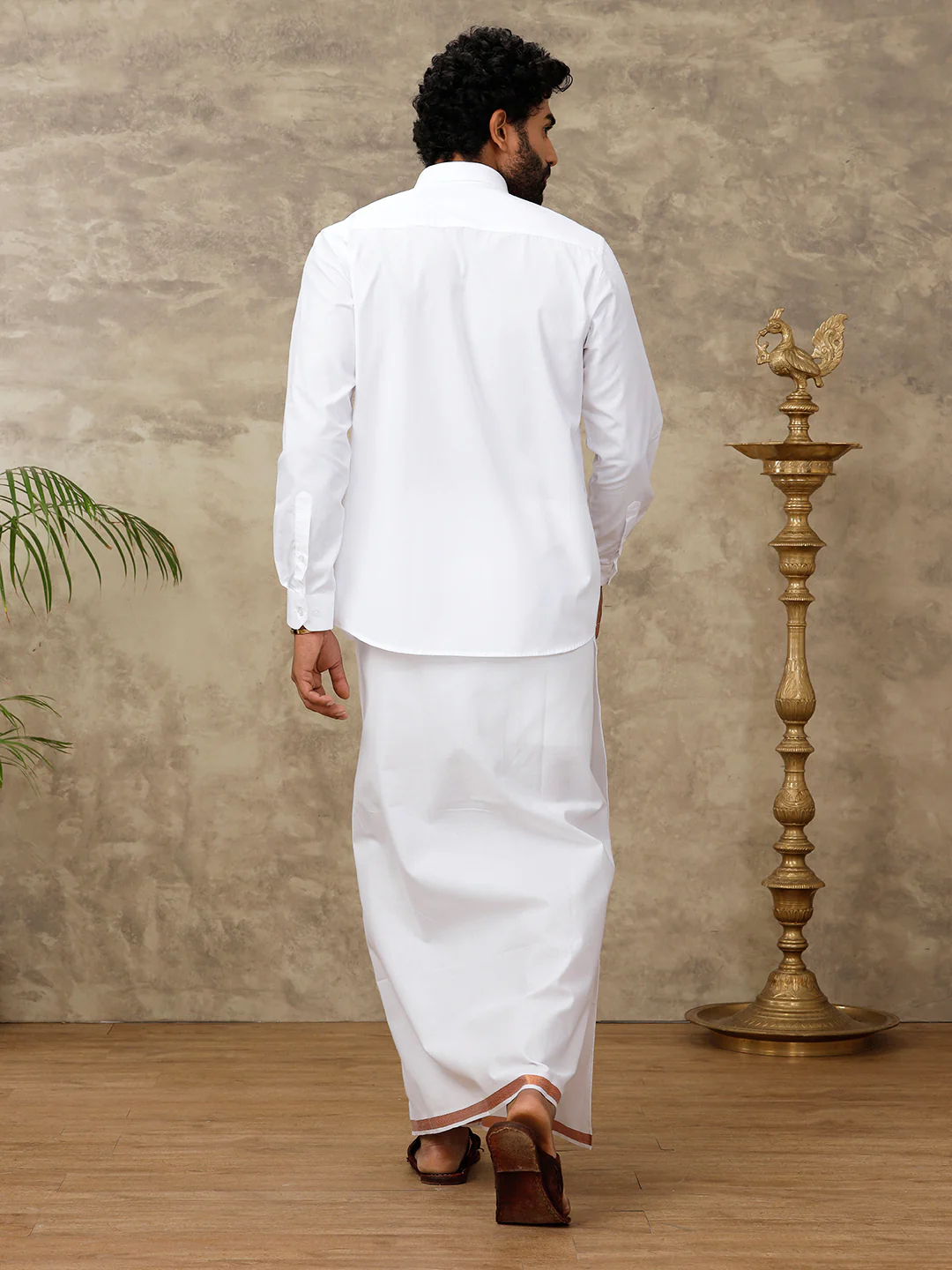 Men Cotton Blend Readymade Double Layer White Dhoti with 3/4" Copper Jari Border 248 - Image 4