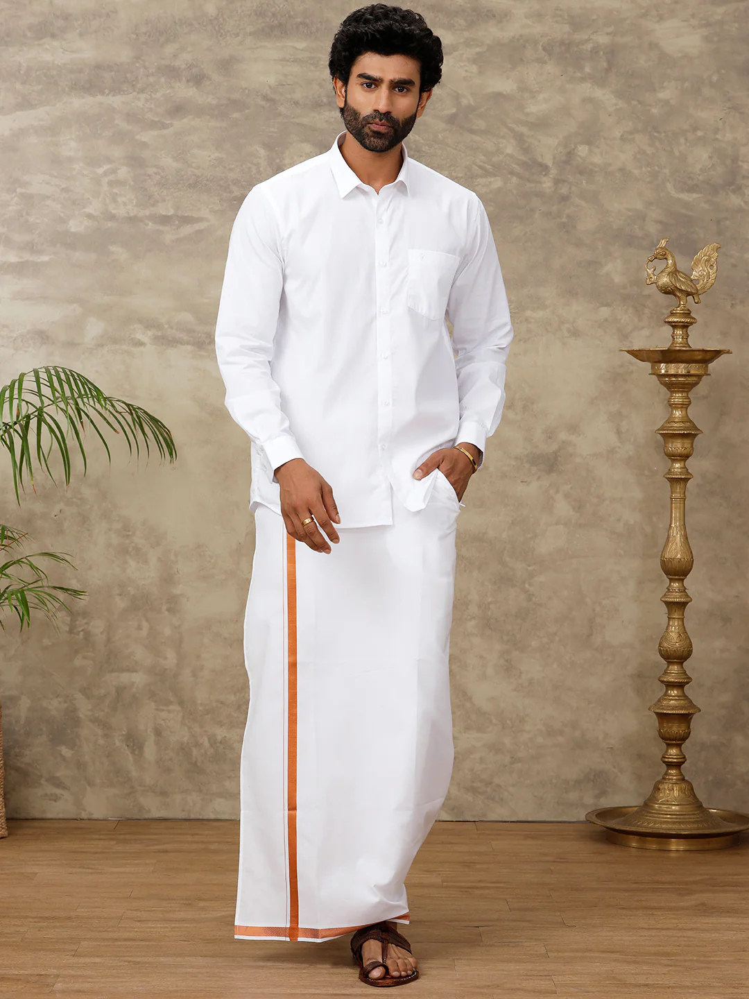 Men Cotton Blend Readymade Double Layer White Dhoti with 3/4" Copper Jari Border 248 - Image 5