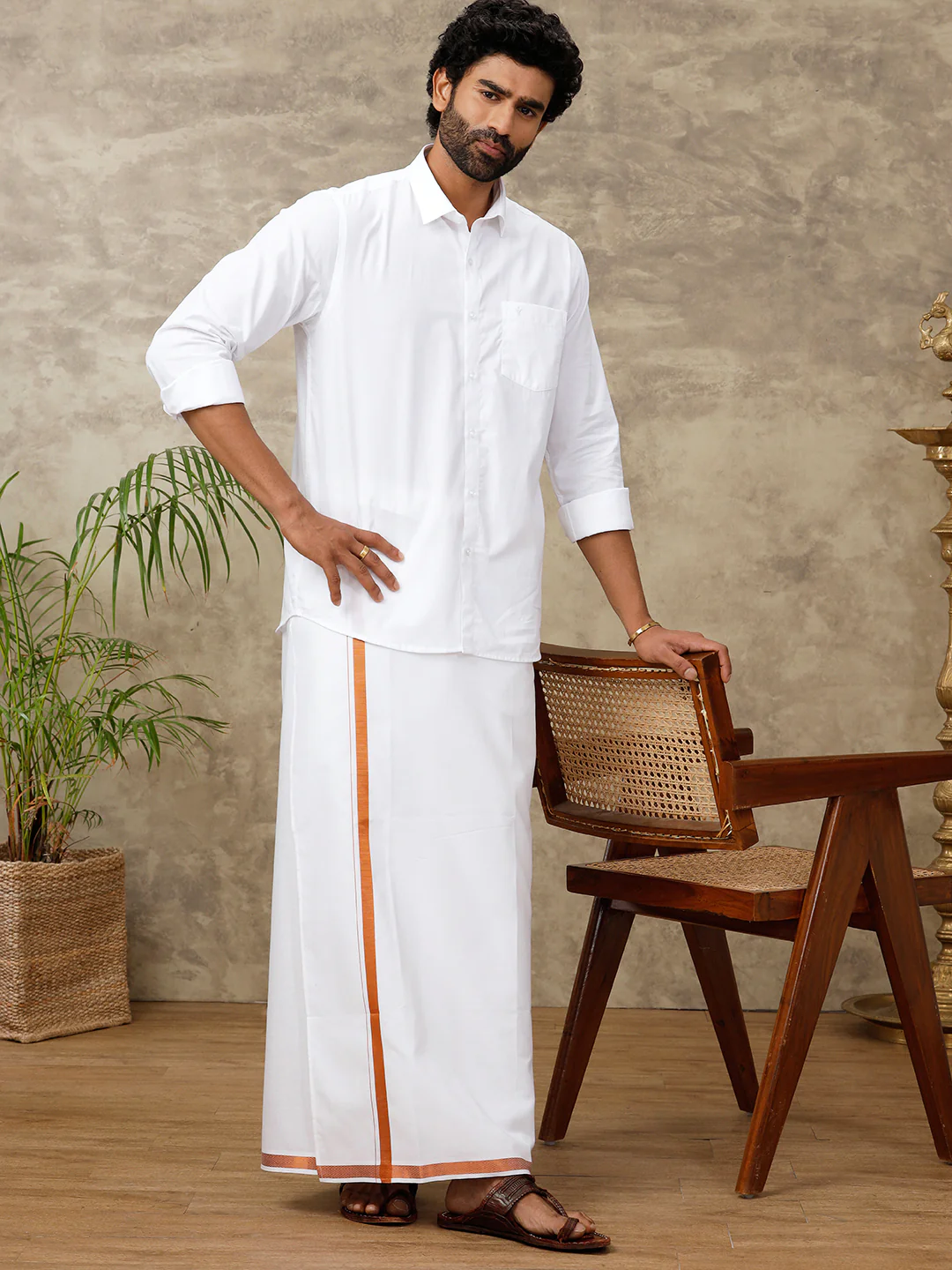 Men Cotton Blend Readymade Double Layer White Dhoti with 3/4" Copper Jari Border 248 - Image 6
