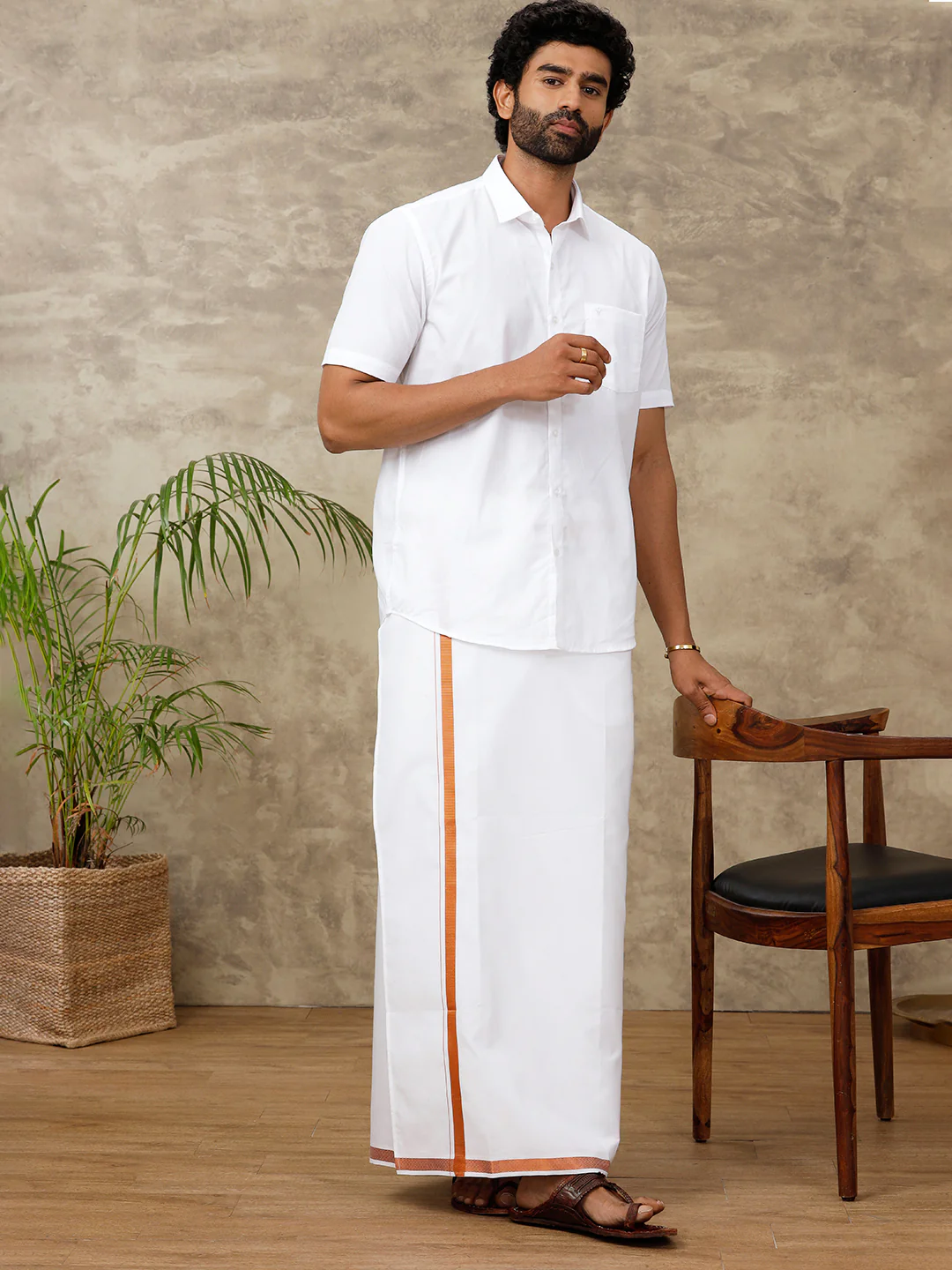 Men Cotton Blend Readymade Double Layer White Dhoti with Copper Jari Border - Image 2