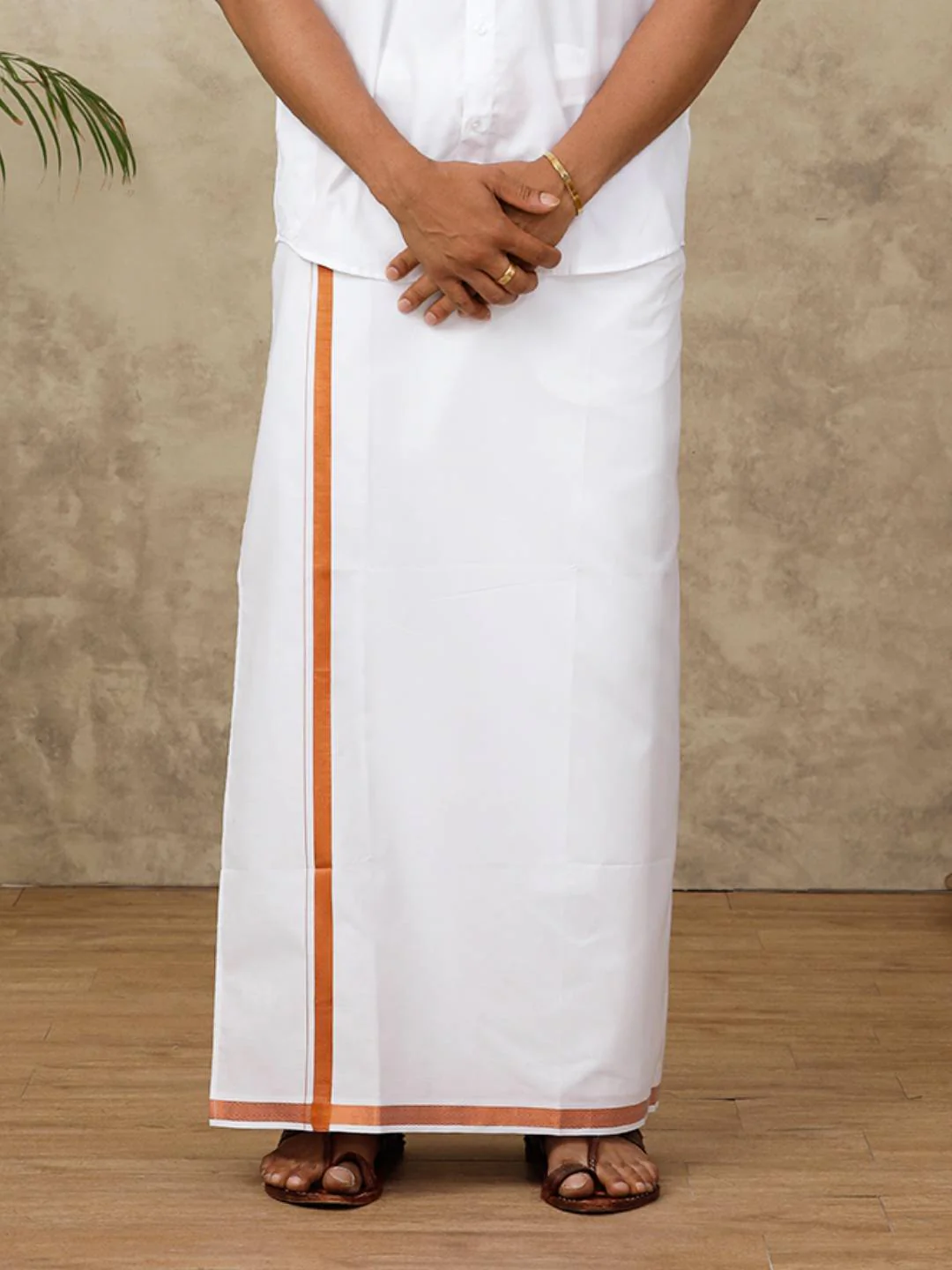 Men Cotton Blend Readymade Double Layer White Dhoti with Copper Jari Border - Image 3
