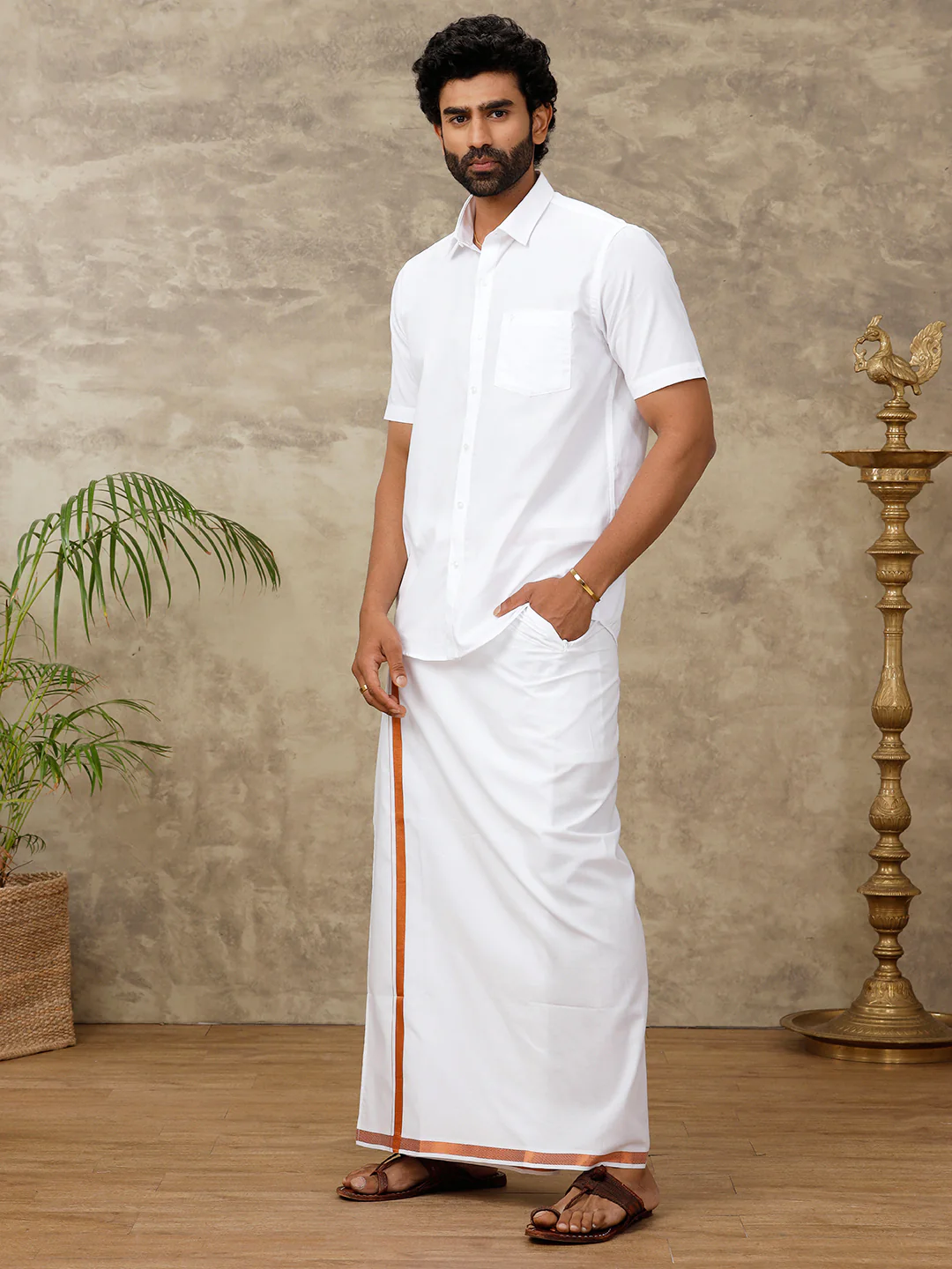 Men Cotton Blend Readymade Double Layer White Dhoti with Copper Jari Border - Image 4