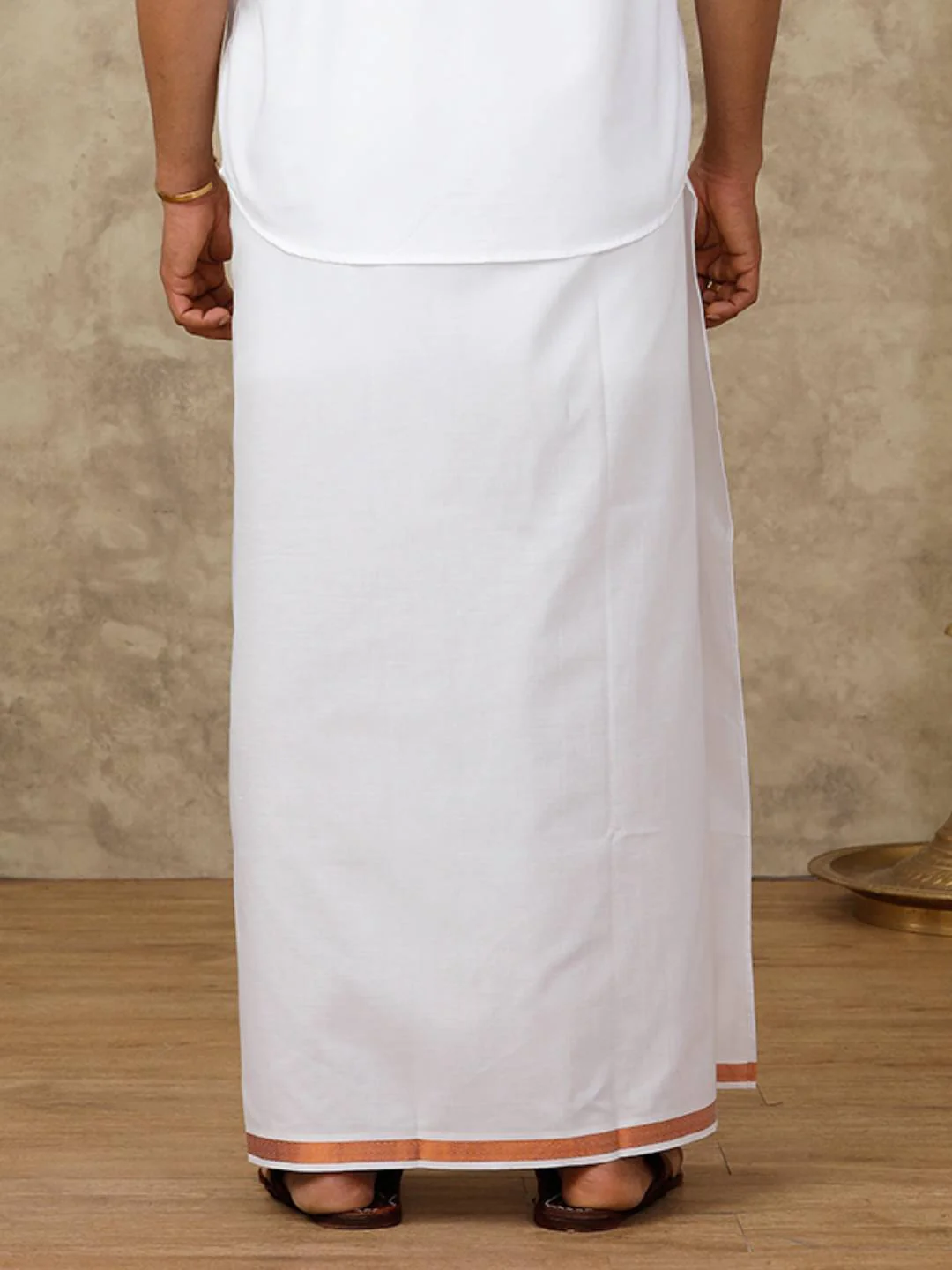 Men Cotton Blend Readymade Double Layer White Dhoti with Copper Jari Border - Image 5