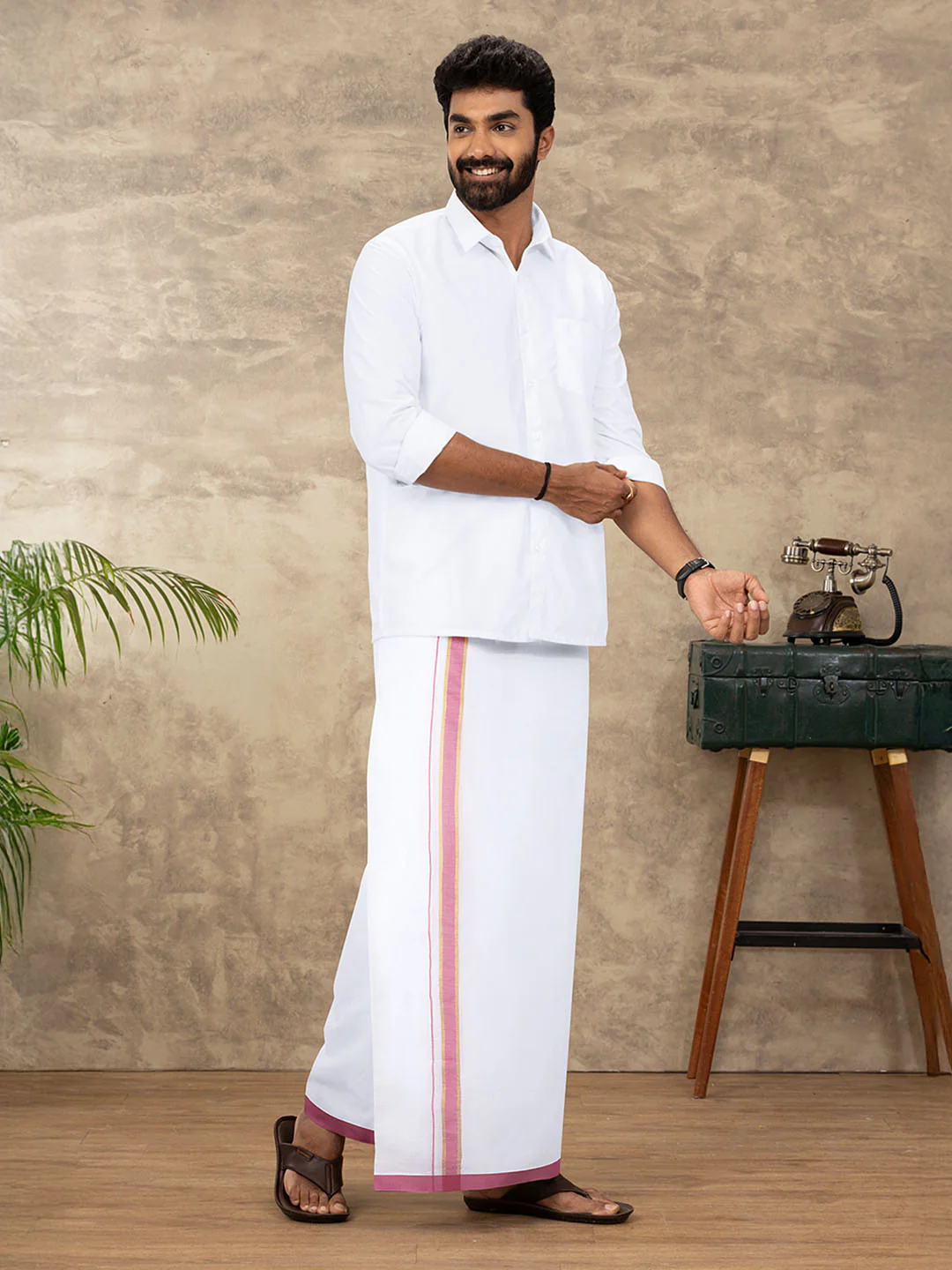 Men Cotton Blend Readymade Double Layer White Dhoti with Fancy Jari Border GFDA05 - Image 2