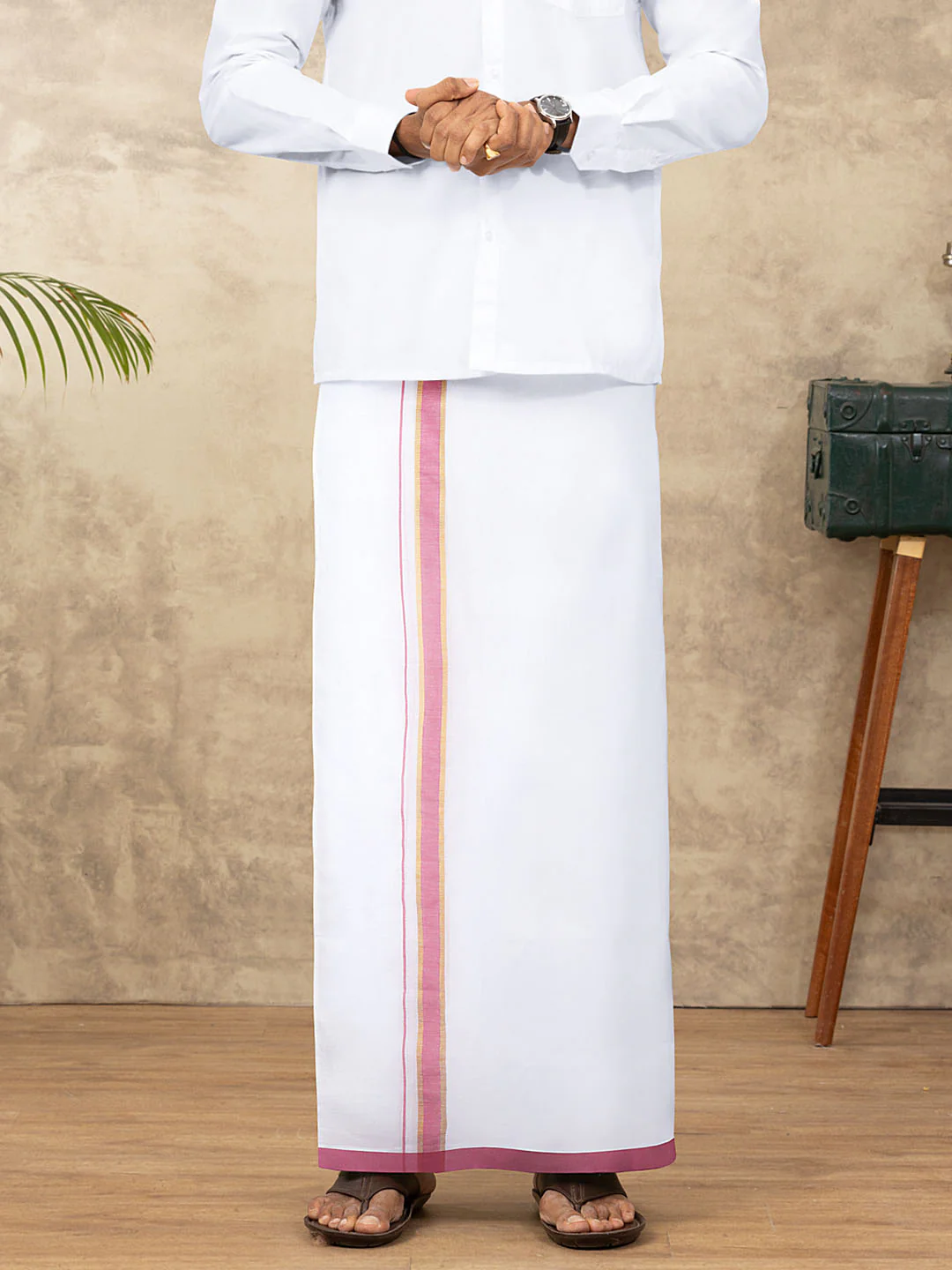 Men Cotton Blend Readymade Double Layer White Dhoti with Fancy Jari Border GFDA05 - Image 5