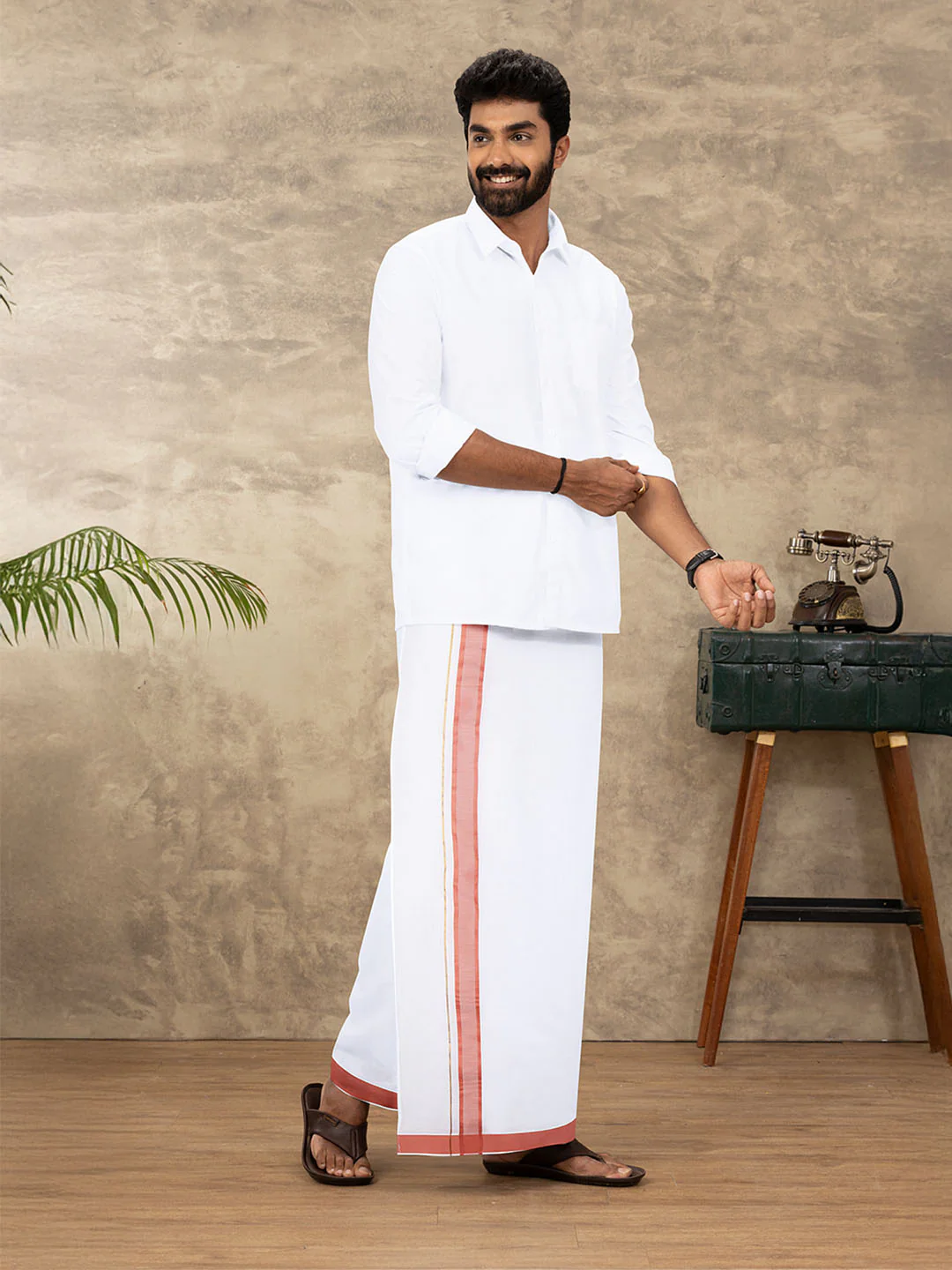 Men Cotton Blend Readymade Double Layer White Dhoti with Fancy Jari Border GFDA08 - Image 2